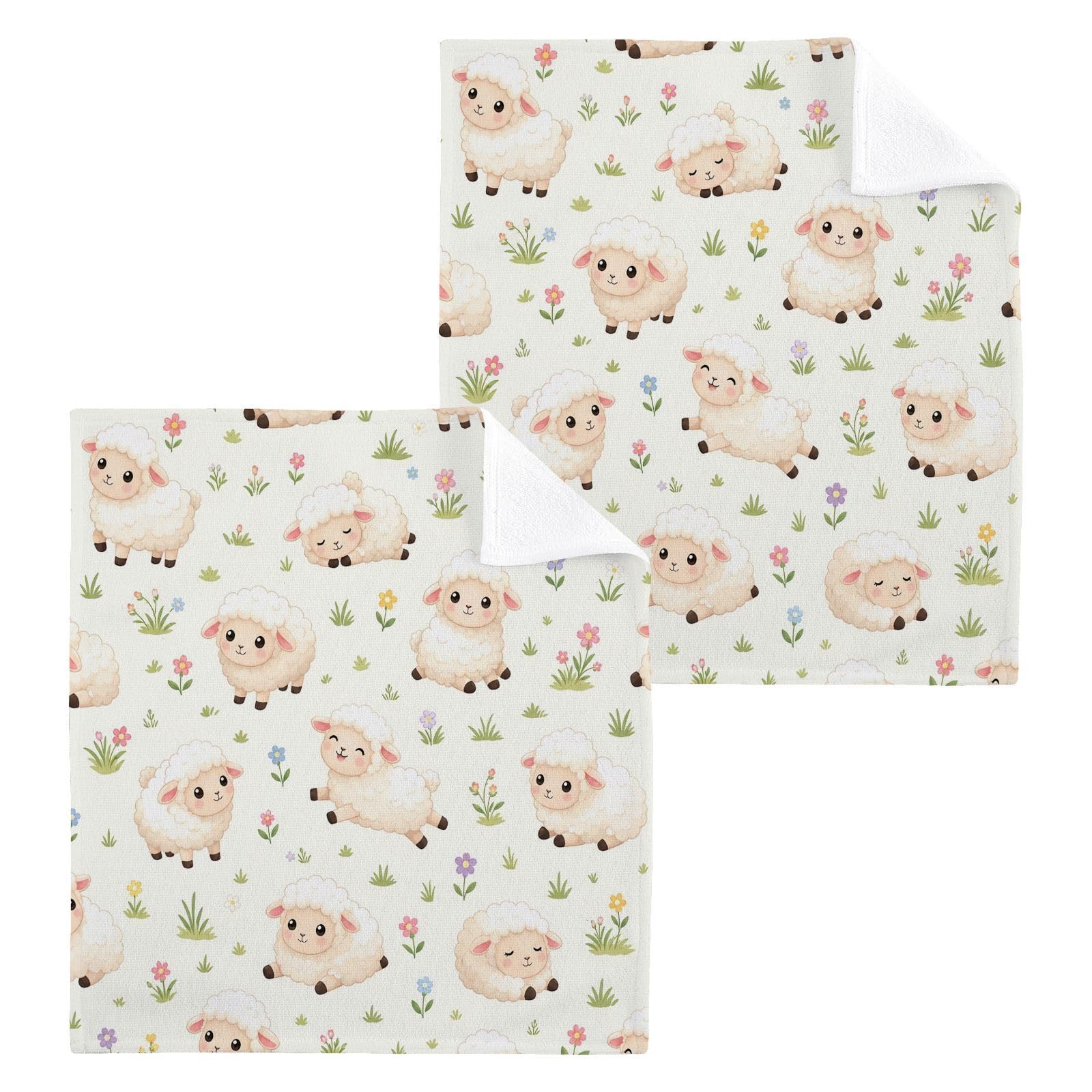 BOESI Floral Sheep 12x12in Cotton Washcloth,Soft Absorbent Face Towel