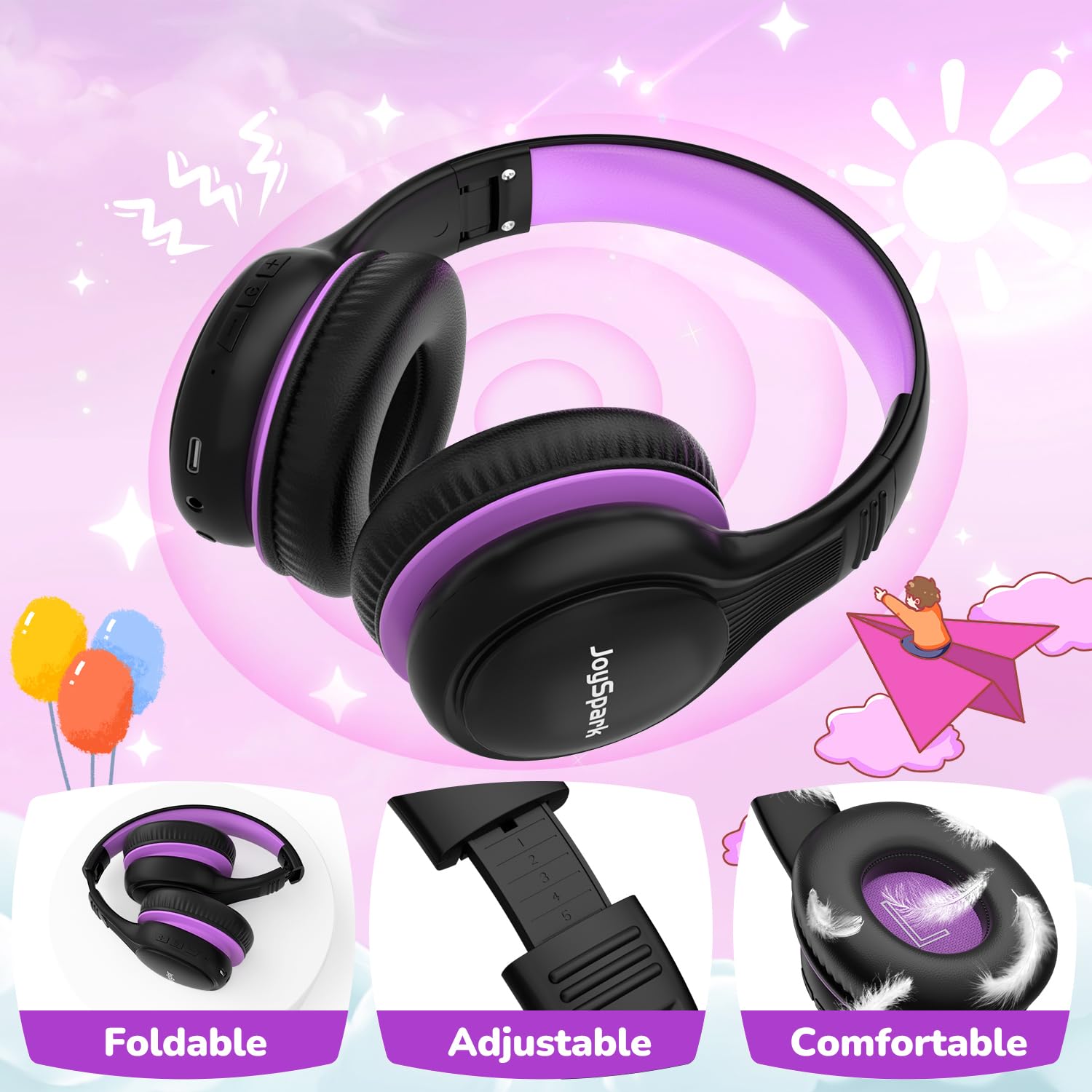 JoySpark Auriculares Bluetooth para niños, 60 horas de reproducción, Bluetooth 5.4, auriculares inalámbricos para niños, carga rápida tipo C, volumen limitado de 85/94 dB, auriculares inalámbricos