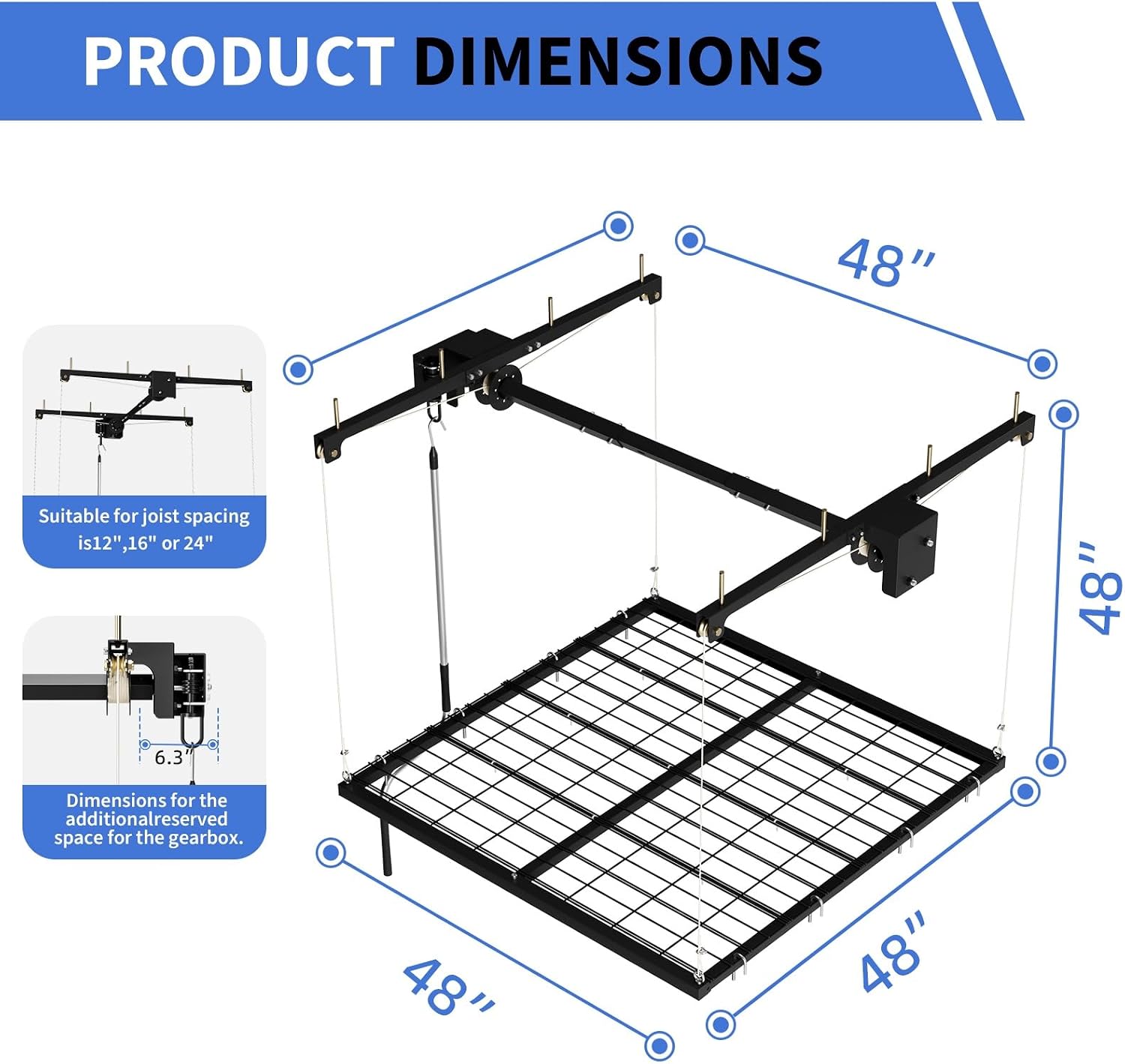 Overhead Garage Lift Storage Rack, 4x4 Ft, Heavy-Duty Steel Ceiling Mounted Garage Ceiling Rack Organizer with 350 lb Capacity, Easy Crank System and Quick Installation for Clutter-Free Space