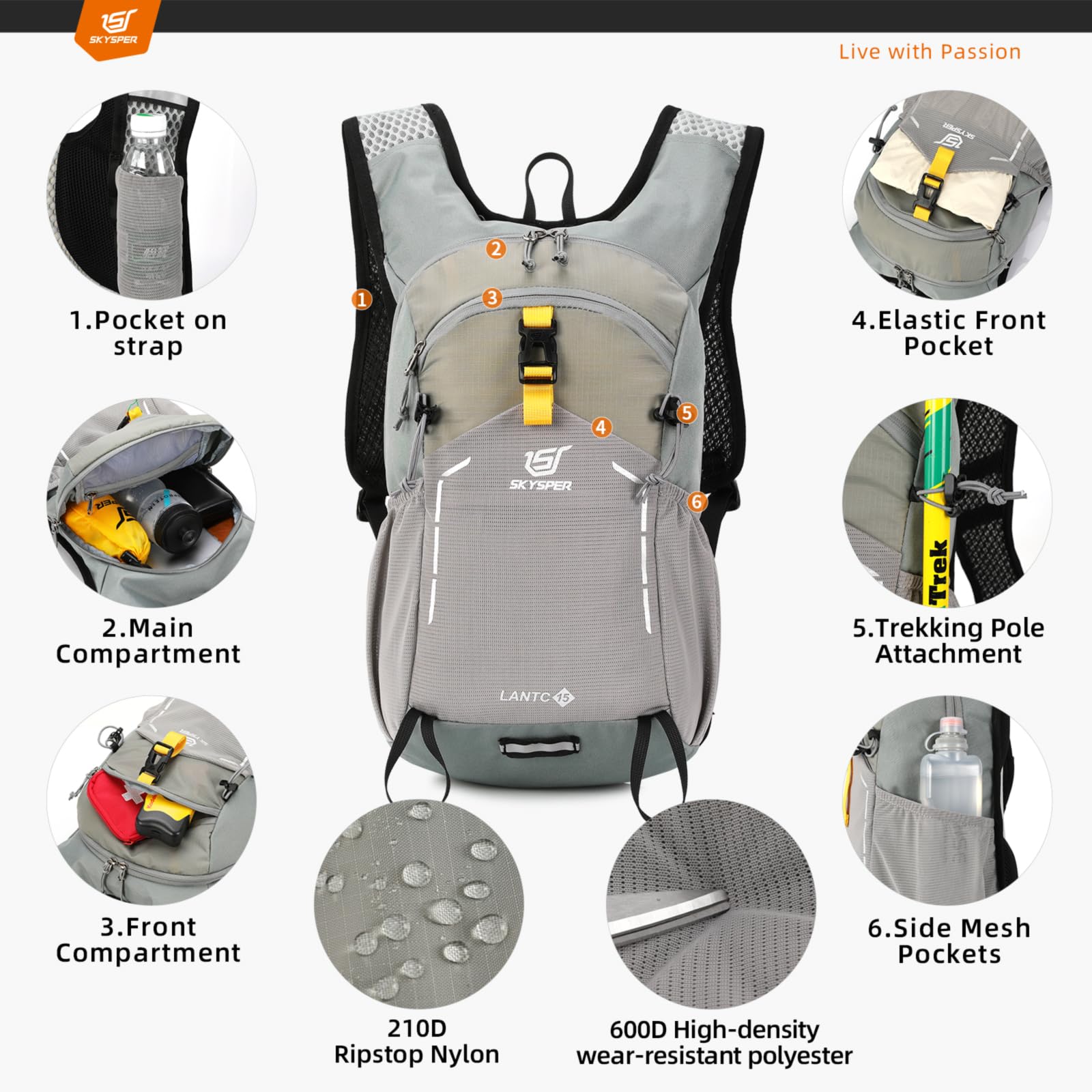 SKYSPER Zaino da trekking 15L Zaino piccolo da trekking per campeggio viaggio all'aperto escursionismo