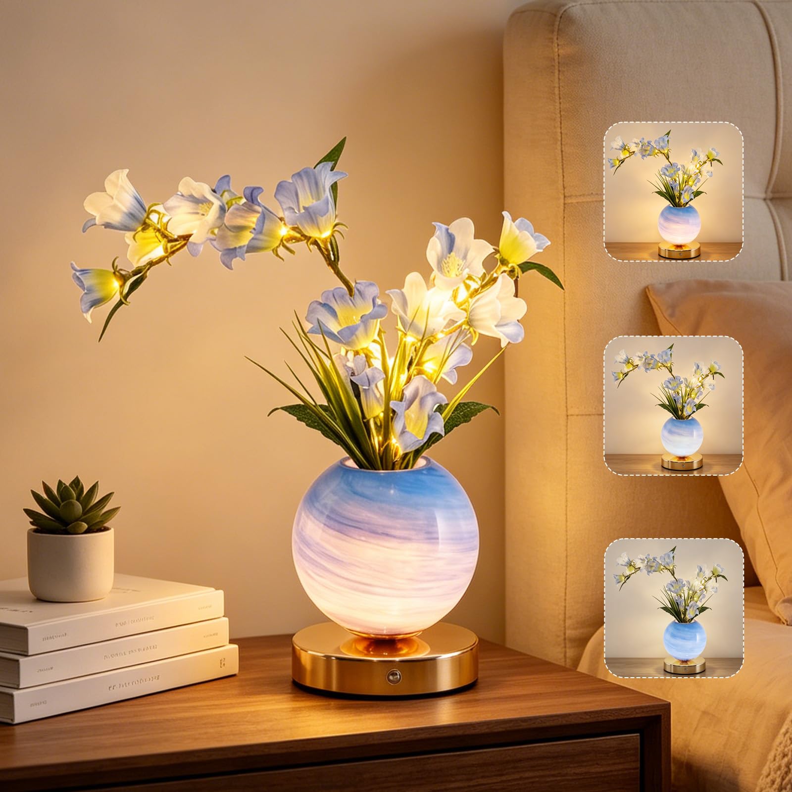 AVEKI Touch Table Lamp, 3 Color Dimmable Crystal Vase Bedside Light, Rechargeable Artificial Flowers Desk Lamp Decor for Date Party Home, Romantic Gift for Woman Mom (Bellflower-Blue)