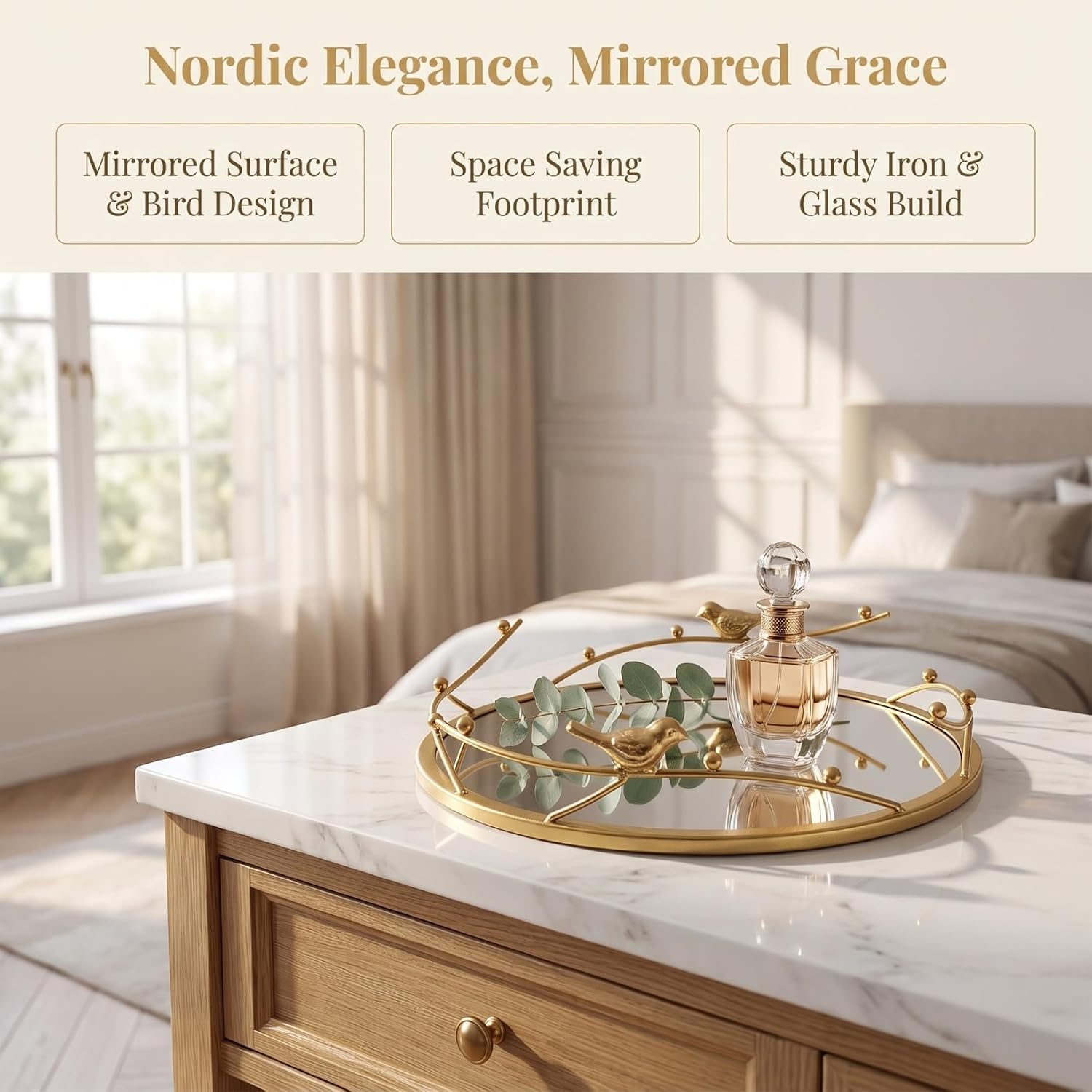 Luxshiny Mirrored Vanity Tray: 11.4-Inch Round Decorative Tray for Jewelry Perfume Key Cosmetics Organizer Gold Bird Design for Bathroom Counter and Home Decor image 3