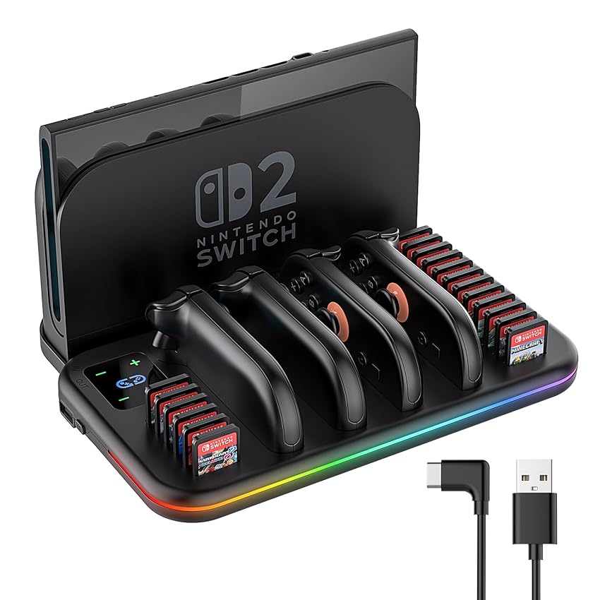 JORREP Supporto per Nintendo Switch 2 con Stazione di Ricarica, Porta Giochi e Dischi, 4 Joy Con in Ricarica, LED di Stato