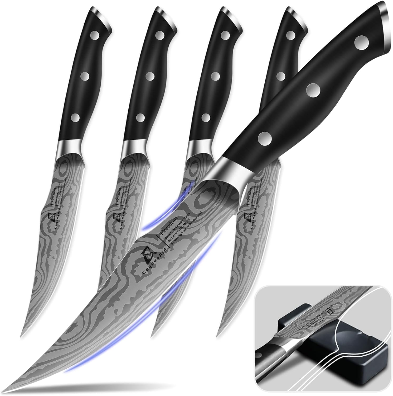 CoquusAid Steakmesser Set 4-teilig, 12,2cm Fein Geschliffen und Uperscharf Besteck Set mit Hochwertiger & Ergonomischer Griff aus Deutschem Edelstahl, Elegantes Schwarz Steak Messer als Geschenk