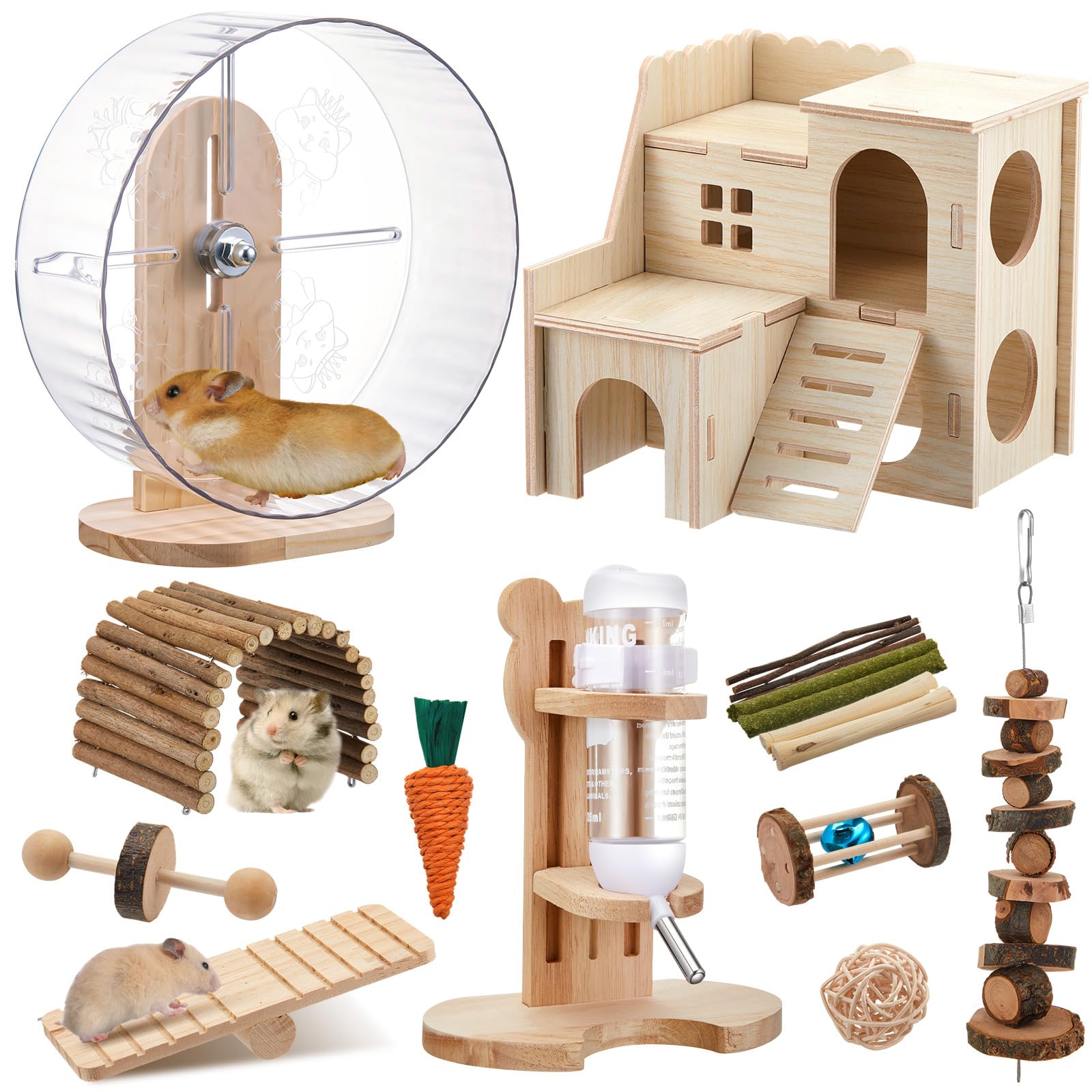 Sonwyoung 18 Pcs Hamster Cage Accessories, Silent Hamster Wheel, 15 Chew Toys Set, Maze Wood House and Water Bottle Set for Rat Mice Small Animals Habitat (Fun Interactive Style)