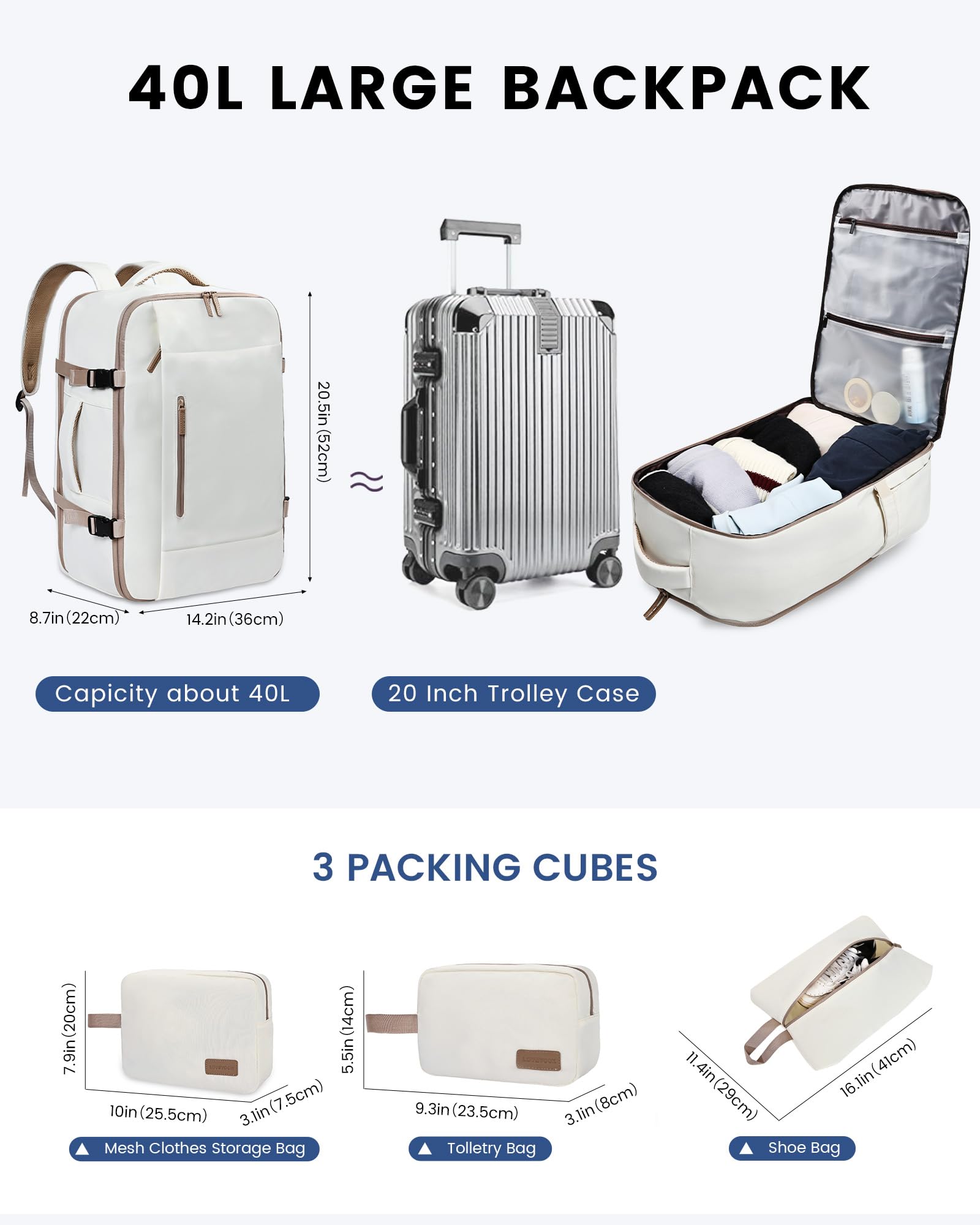 LOVEVOOK Zaino da Viaggio Aereo Bagaglio a Mano 40L Grande Borsa da Cabina per Voli Impermeabile Antifurto Zaino Viaggio Uomo Donna 17,3 Pollici Zaino Porta PC per Scuola Lavoro Trekking, Beige kaki