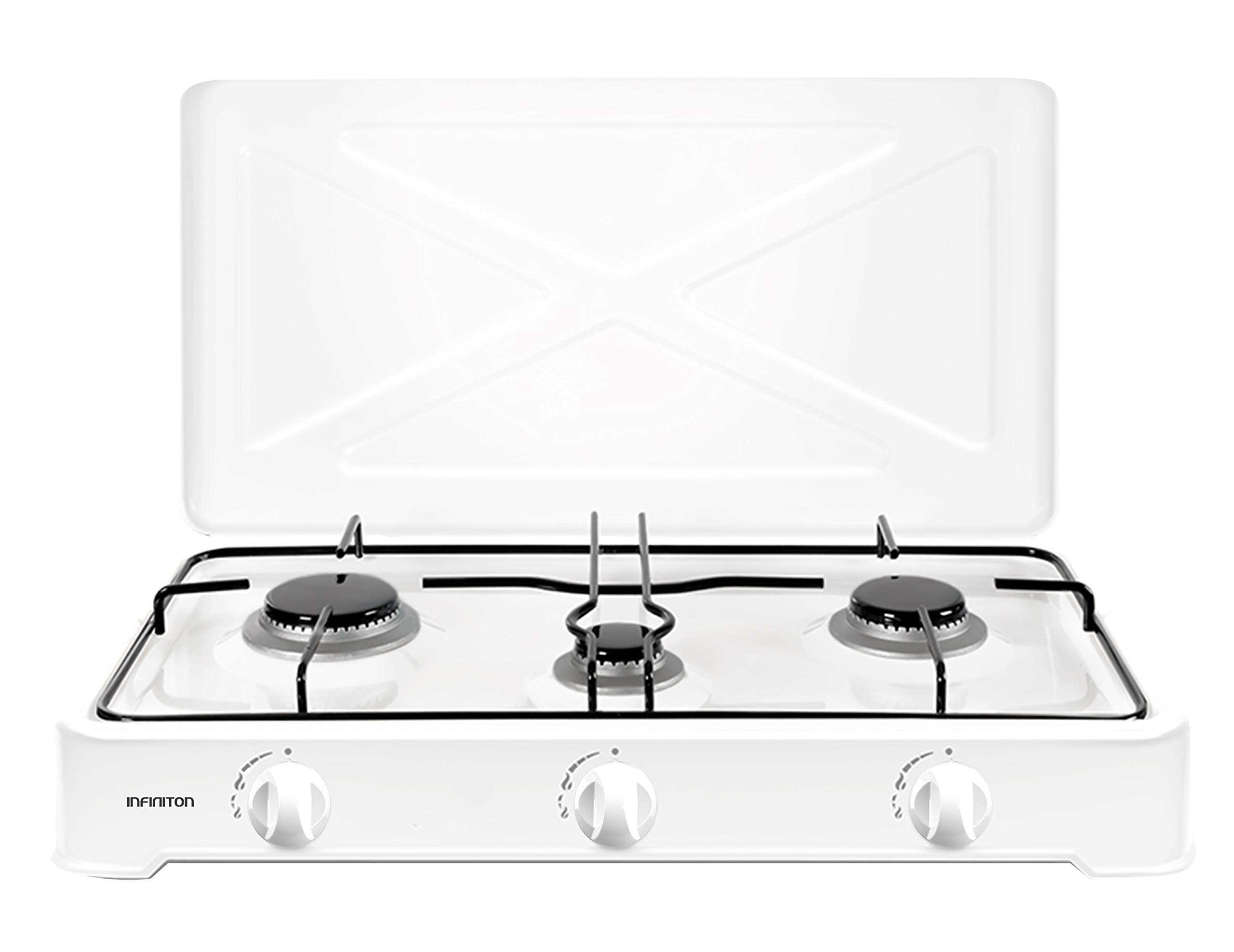 INFINITON | Cocina de Gas Portatil GGP-3B | 60cm de Ancho | Hornillo a Gas | Quemadores desmontables | 3 Fuegos | Portatil | Apoyo antideslizante | Color Blanco