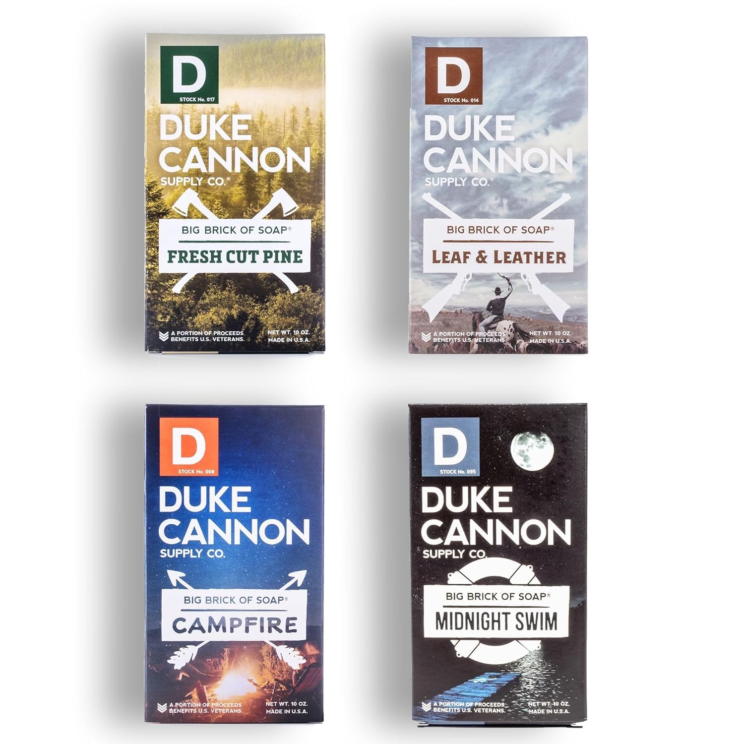 Duke Cannon Supply Co. Big Ass Brick of Soap Bar for Men The Frontier 40 (Leaf+Leather, Fresh Cut Pine, Campfire, Midnight Swim) Variety-Pack- Extra Large Masculine Scents, 10 oz (Variety 4 Pack)