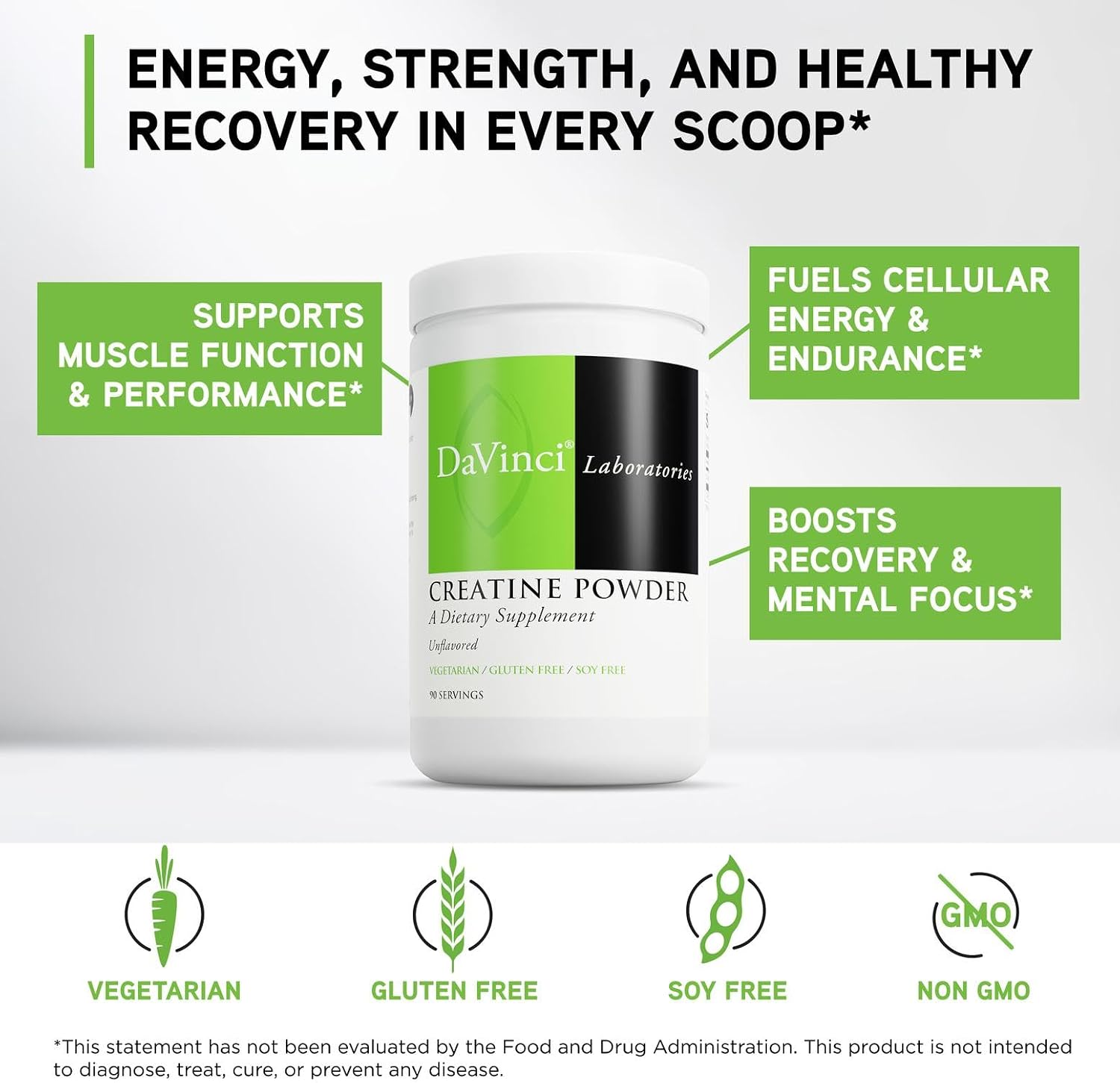 DAVINCI LABS Creatine Powder - Amino Acid Drink Mix Powder for Muscle & Brain Health* - Vegetarian, Gluten-Free & Soy-Free - Unflavored, 90 Servings