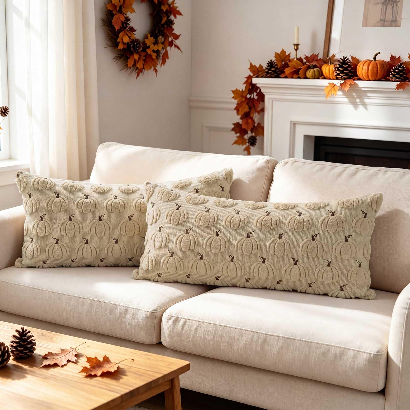 Benjia Autumn 16x32 Cushion Covers Set of 2, Lumbar Cushion Case Fall Pumpkin Throw Pillow Cases Soft Plush Faux Fur Wool Decorative Throw Pillow Covers 40x80cm for Couch Sofa Bed Autumn Decor (Beige)