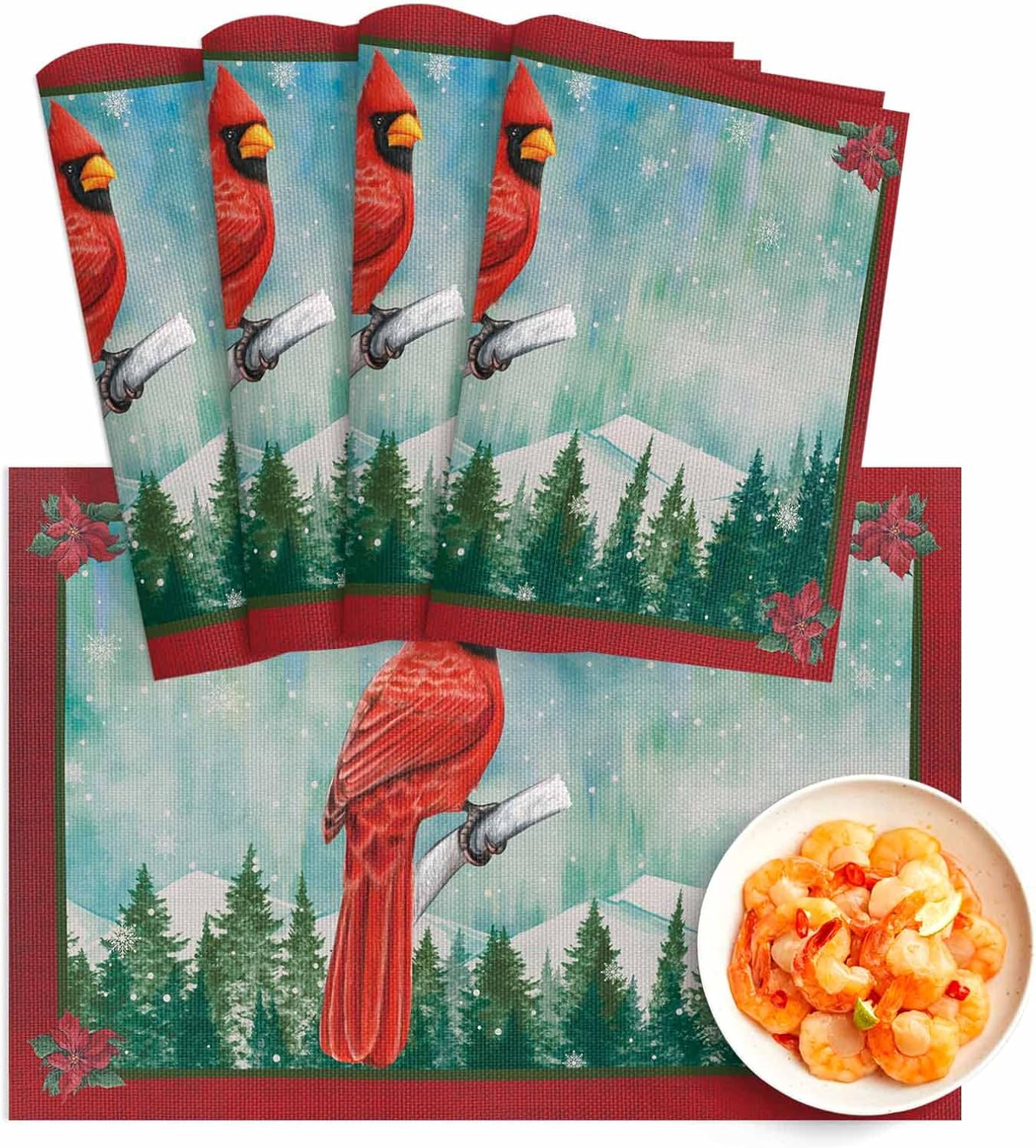 Placemats Set of 4,Winter Christmas Cardinal Bird Washable