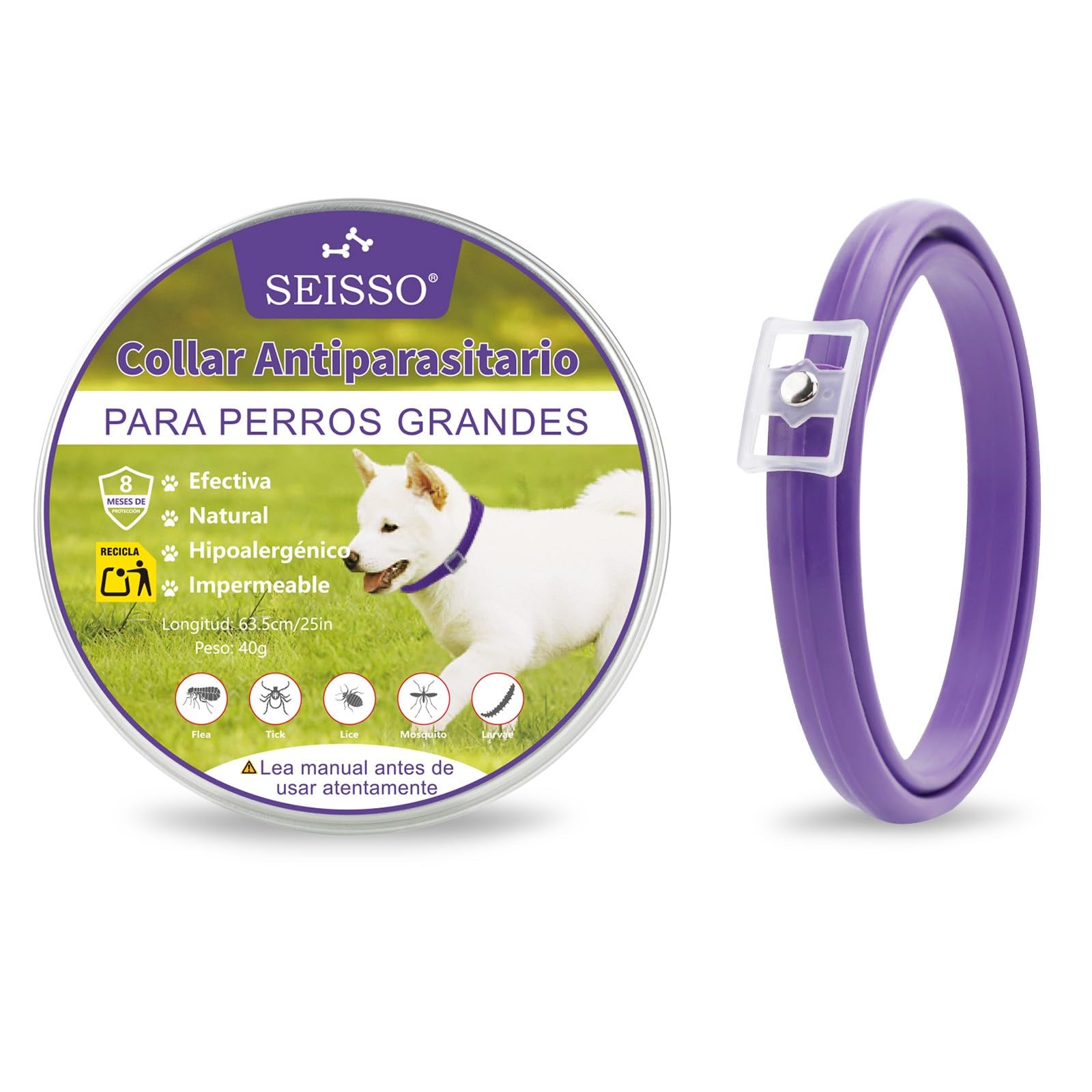 SEISSO Flea Collar for Dogs, Flea and Tick Collars with 6-8 Months Protection, 25" Adjustable Anti-Parasitic Control for Large Medium and Small Dogs, Purple