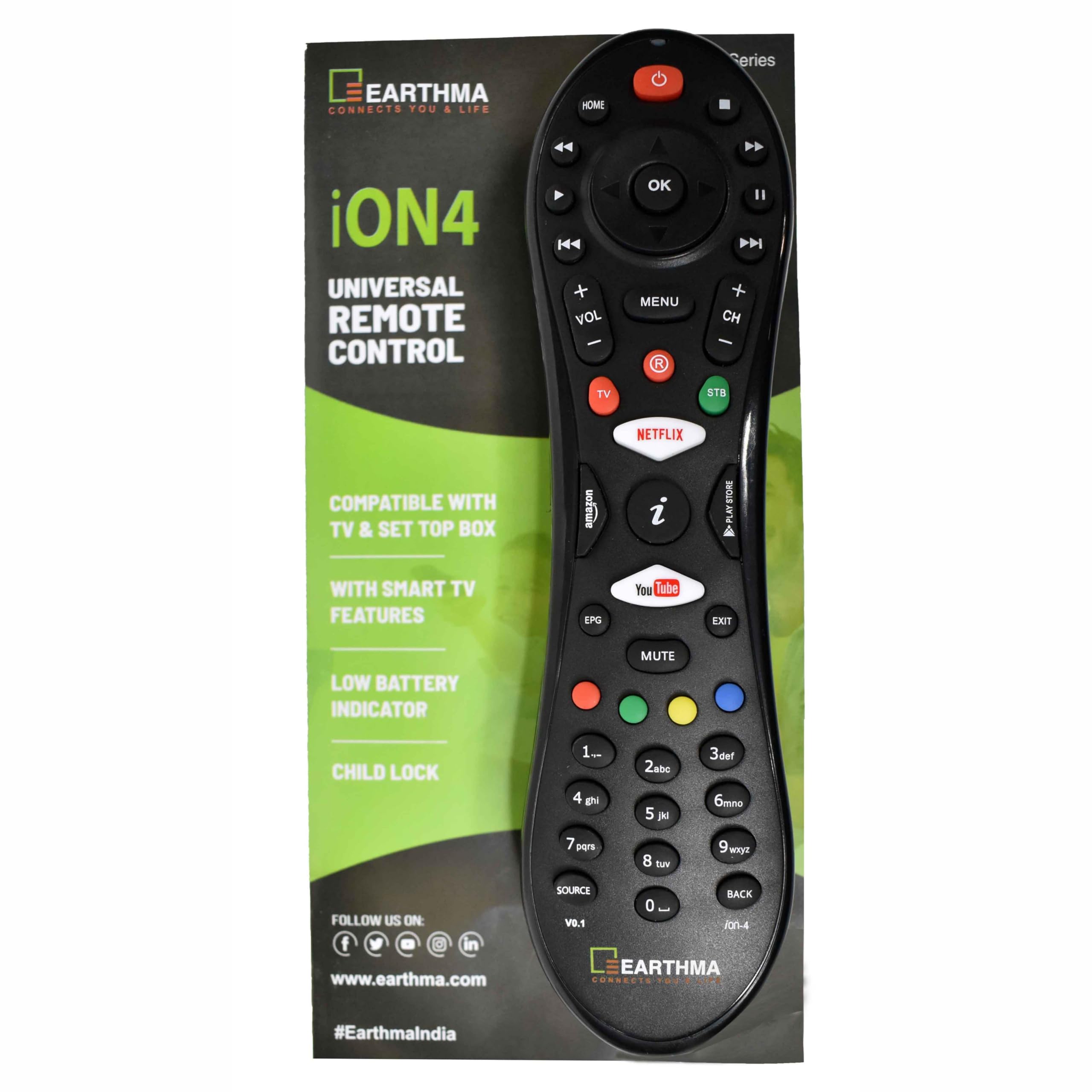 EARTHMA ION-4 Two Device Universal Remote Control with Smart Features for Control Your STB/DTH and Your televisions Black (The Pairing Process Mentioned on The QR Code on The Back of The Remote) (B09N6X8SKB) Amazon Price History, Amazon Price Tracker