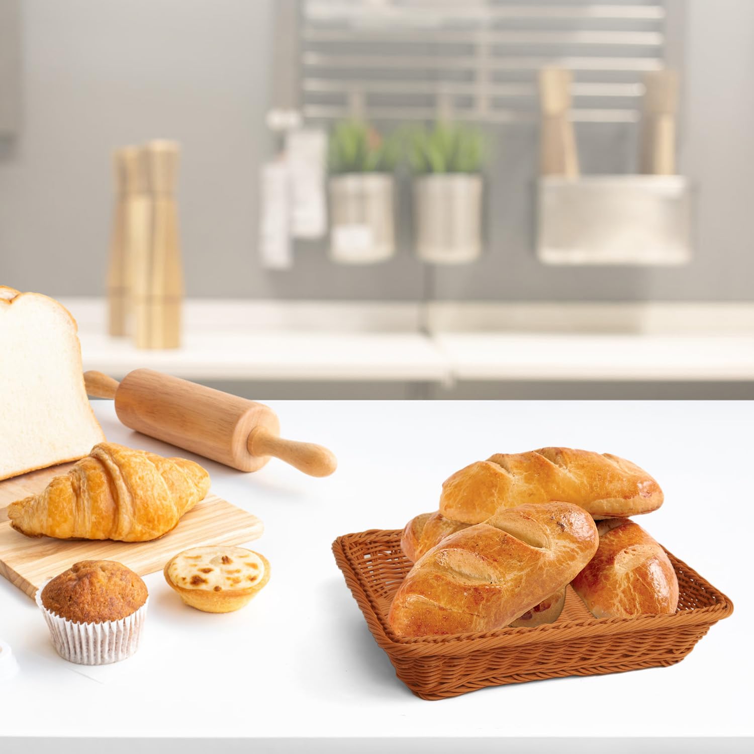 Nsmykhg 3 cestas de pan de mimbre de poliéster – 13.8 x 9.8 x 2.75 pulgadas, bandeja rectangular tejida para almacenamiento de alimentos, cesta de frutas de ratán de imitación, cesta apilable para