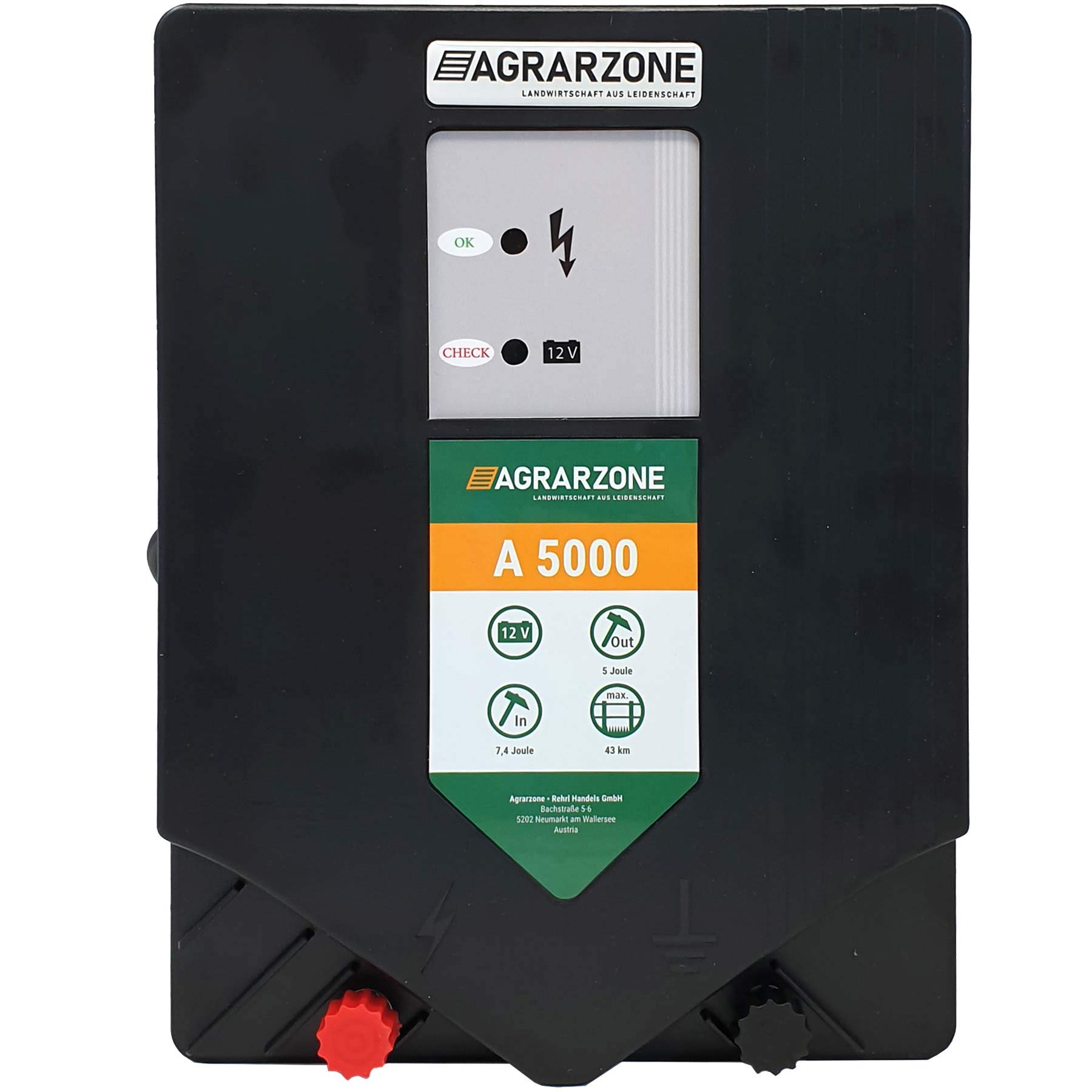 Agrarzone Elettrificatore per recinzione elettrica A5000 12V, 7,4 Joule | Dispositivo per la recinzione elettrica dei pascoli con alimentazione a batteria | Dispositivo per per pascoli mobili