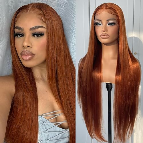 Miniatura 6 de Peluca de encaje frontal de color naranja jengibre, peluca sintética larga y recta con encaje frontal, densidad 180, sin pegamento, peluca frontal