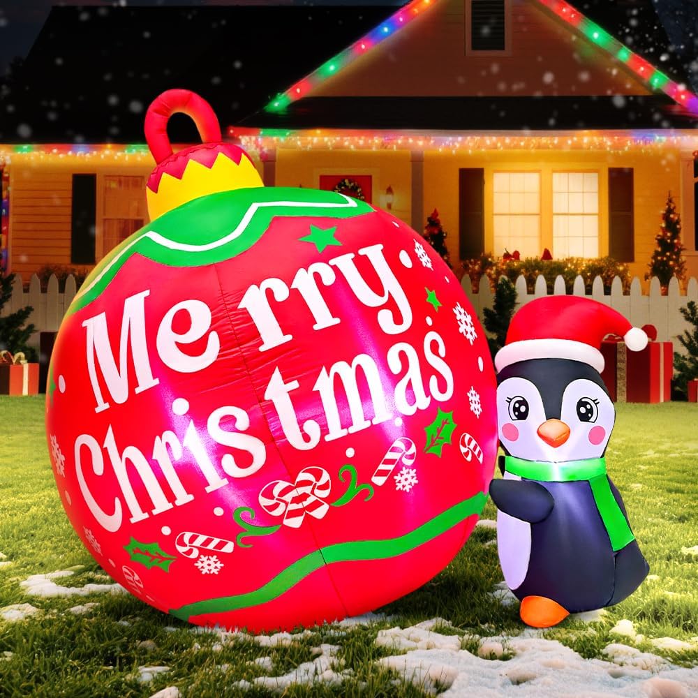 KOOY 5FT Christmas Inflatables Outdoor Decorations Penguins Push Ball Merry Christmas Blow up Yard Decorations with LED Light for Xmas Outdoor Holiday Party Garden Lawn Winter Décor