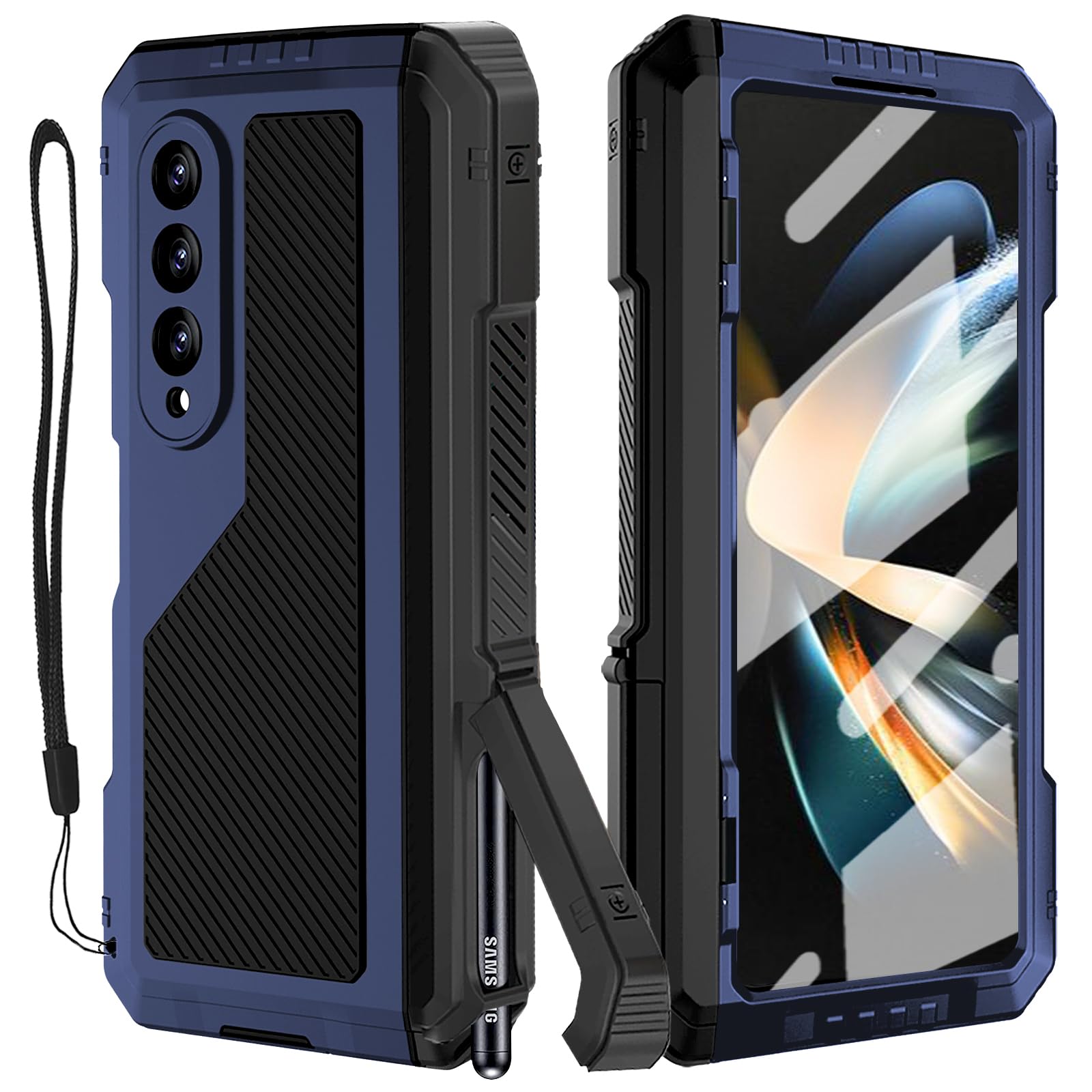 YQODSZ for Samsung Galaxy Z Fold 4 Metal Case with S Pen Holder, Military Rugged Heavy Duty Z Fold4 Case Built in Screen Protector Full-Body Drop