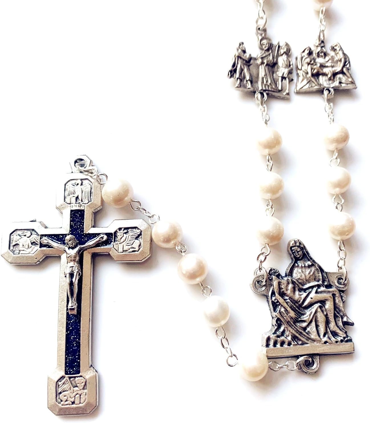 elegantmedical Stations of the Cross Prayer Rosary Real White Pearl Beads Necklace Catholic Gifts Box