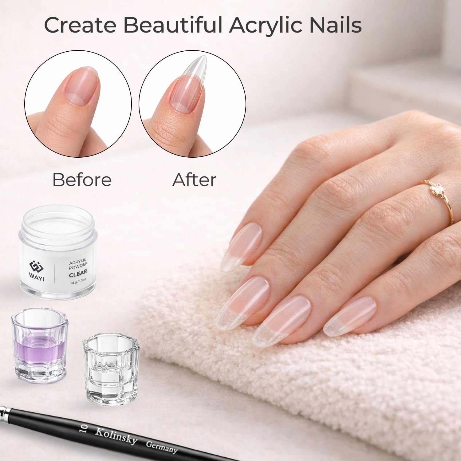 WAYI Acrylic Nail Kit for Beginners – All-in-One Starter Set for Nail Extensions with Monomer, Clear Powder, Kolinsky Brush & Nail Forms