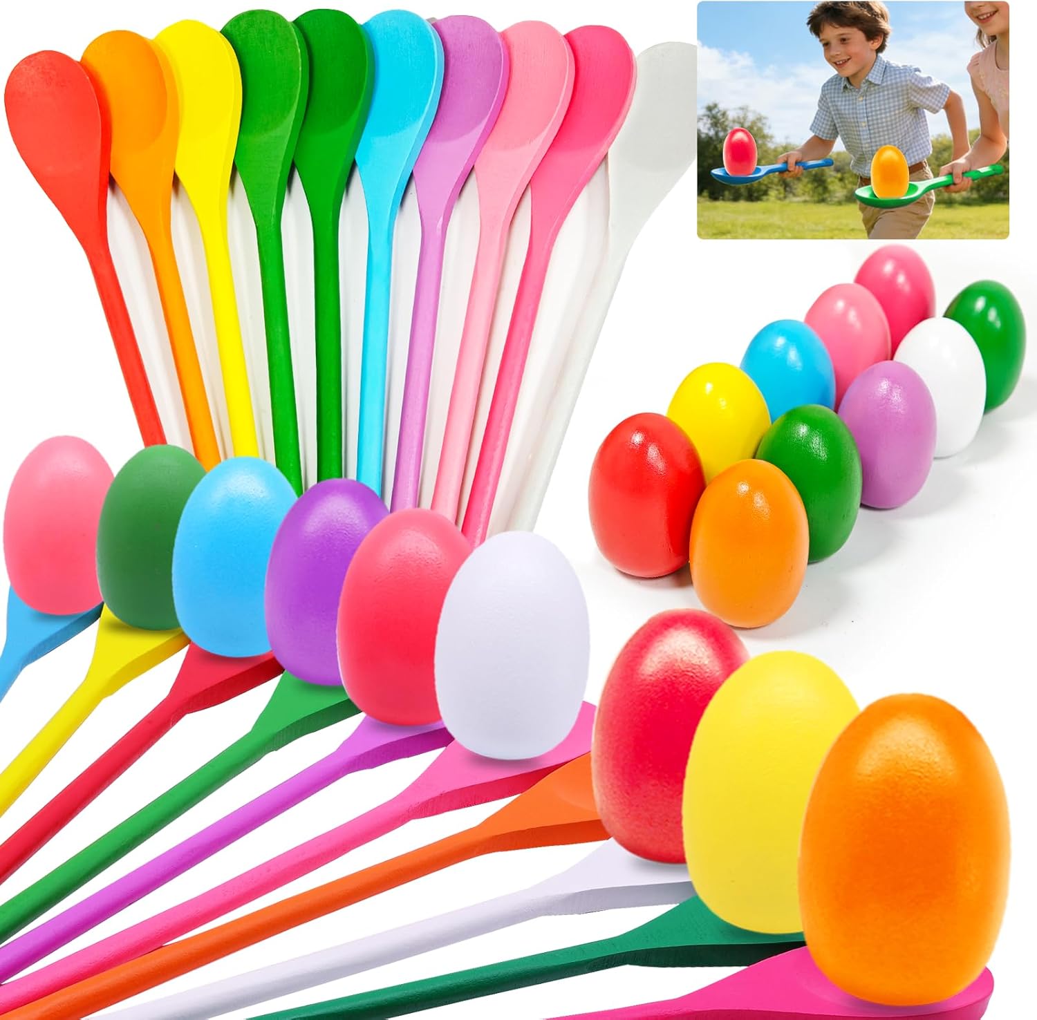 TOPLEE 20 Pcs Easter Egg and Spoon Race Game Set, 10 Players Balance Relay Easter Games Include 10 Eggs and Wooden Spoons for Kids Family Carnival Sports Outdoor Games Holiday Birthday Party Supplies