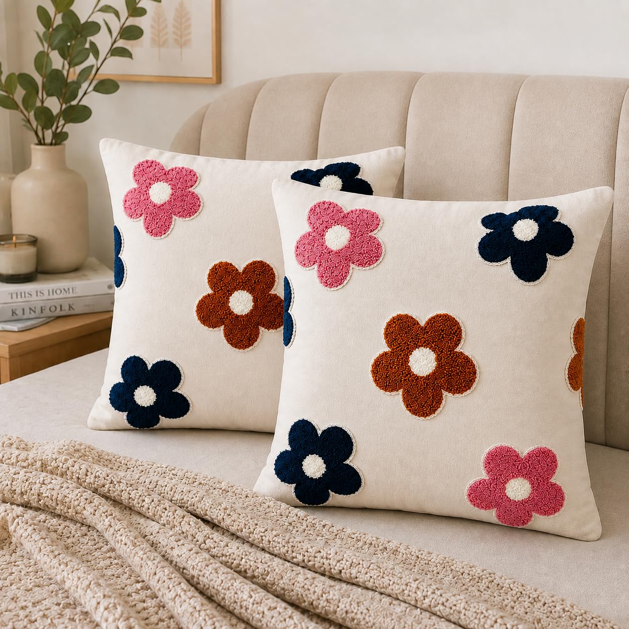 Premium Tufted Floral Cushion Covers | Cotton Decorative Throw Pillow Covers | Modern Embroidered Flower Design Cushion Cover for Sofa, Bed, Living Room | 16 x 16 Inch | Pack of 2 | Cream-image-36