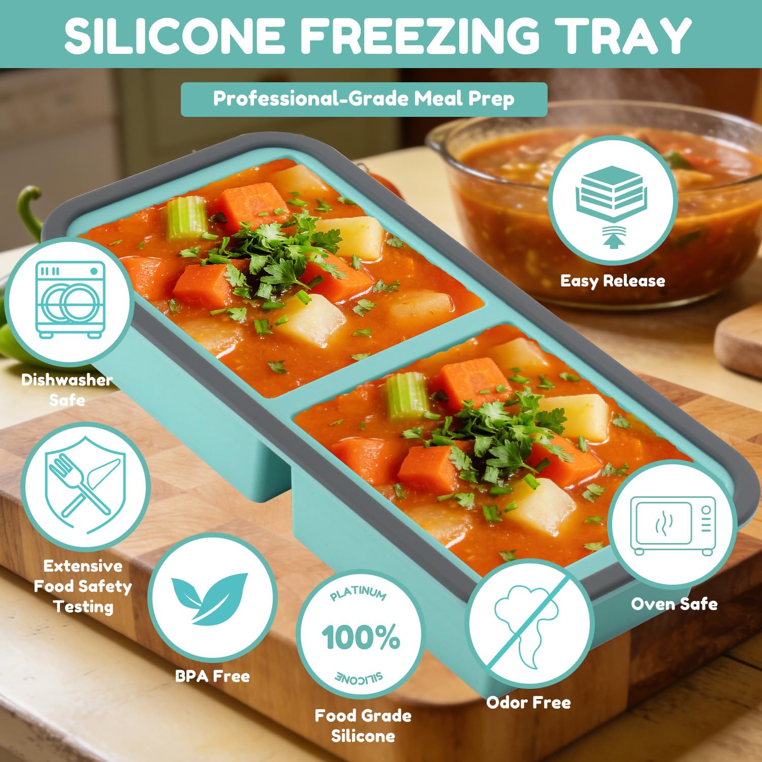 Bandejas de silicona para congelador con tapas, paquete de 2, moldes apilables para congelador de sopa con borde reforzado de acero, bandejas de silicona grandes para congelar caldo, salsa y