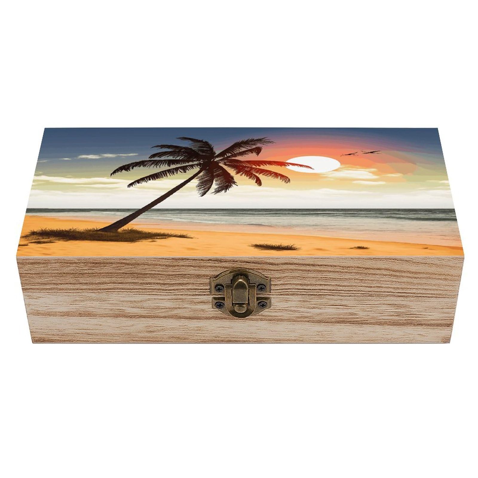 JTREHY Palm Tree on Beach Wooden Keepsake Box Vintage-Style Wood Keepsake Case with Hinged Lid Solid Wood Boxes Beautifully Memory Treasure Case Vintage-Style Wooden Storage Box