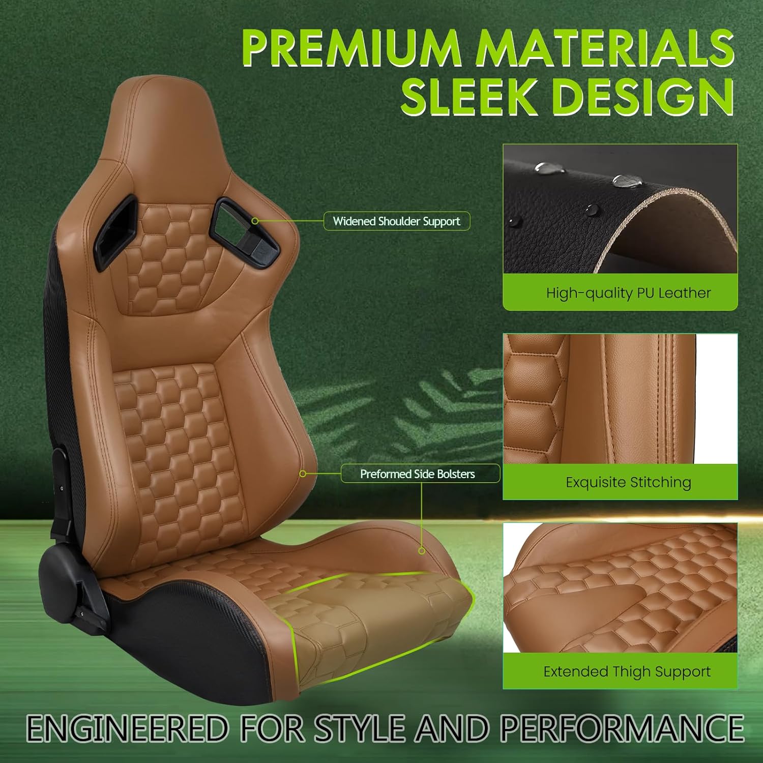 Universal Pairs of Racing Seat with Dual Sliders, PU Leather Front+Carbon Leather Back Reclinable Bucket Seat, Brown+Hexagonal Quilting