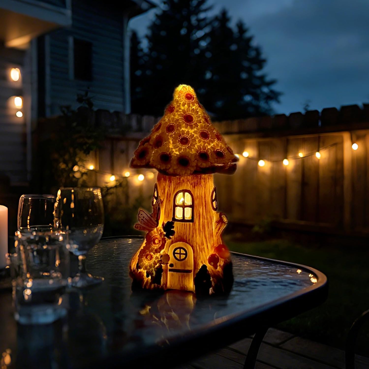 Fairy Garden House Statue with Solar Lights, Resin Outdoor Figurine Lights, Yellow Mushroom House, Outside Yard Decorations for Porch & Lawn, Garden Decor Gifts for Mom Women