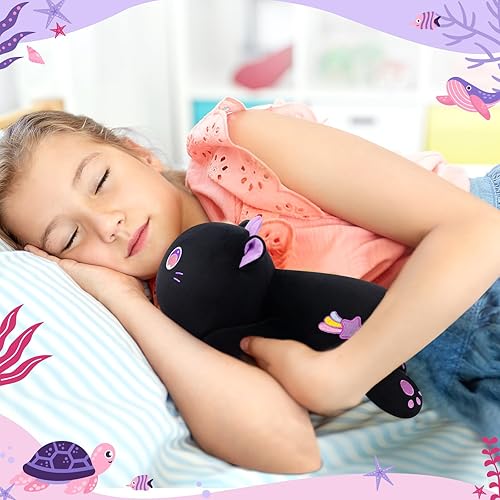 Miniatura 5 de Linda almohada de felpa de gato, peluche Kawaii de ojos grandes morados, peluches esponjosos, almohada corporal para niños y niñas (13 pulgadas)