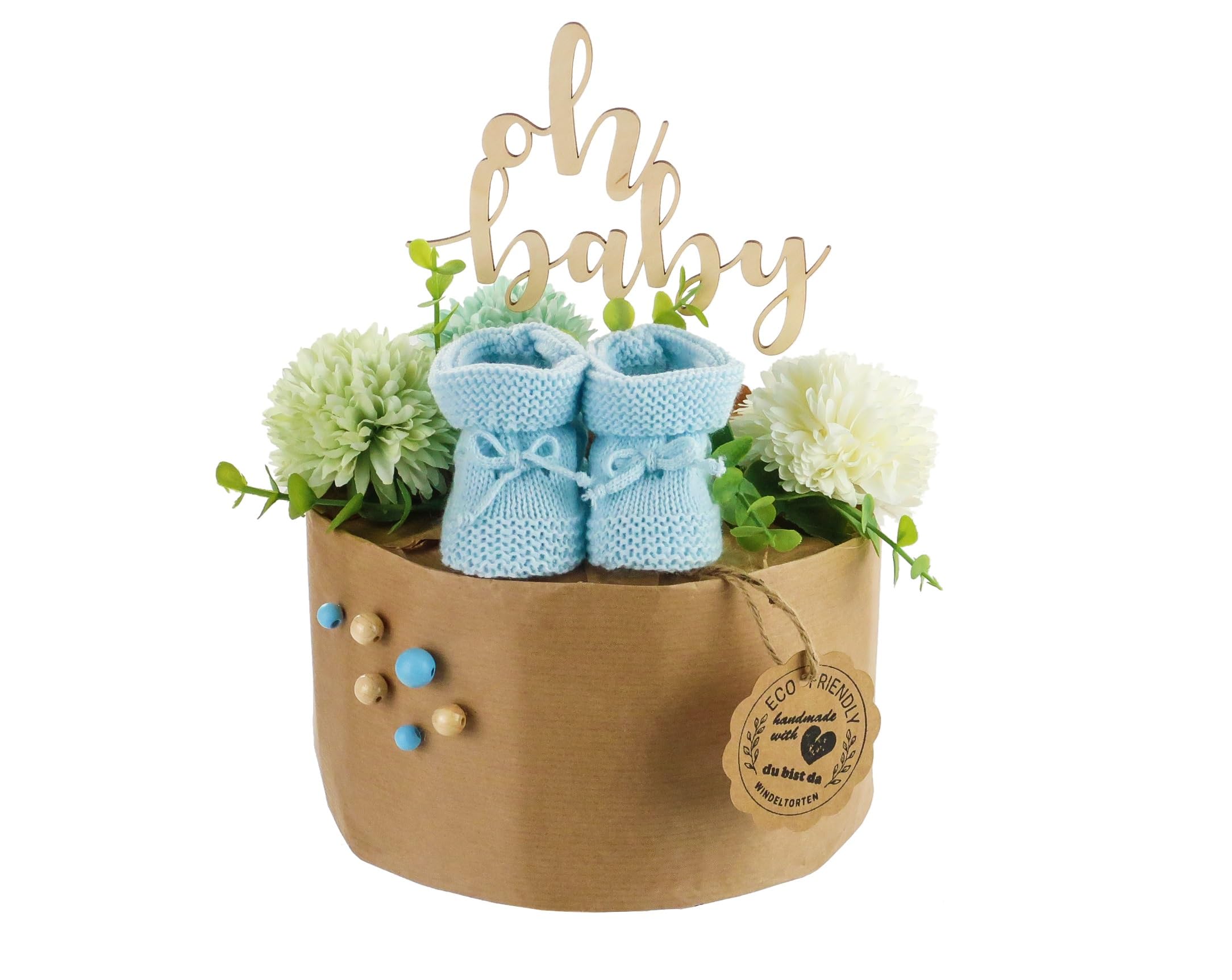 Öko Windeltorte ECO FRIENDLY | Premium Geschenk zur Geburt | nahezu Plastikfrei* (himmelblau) (S)
