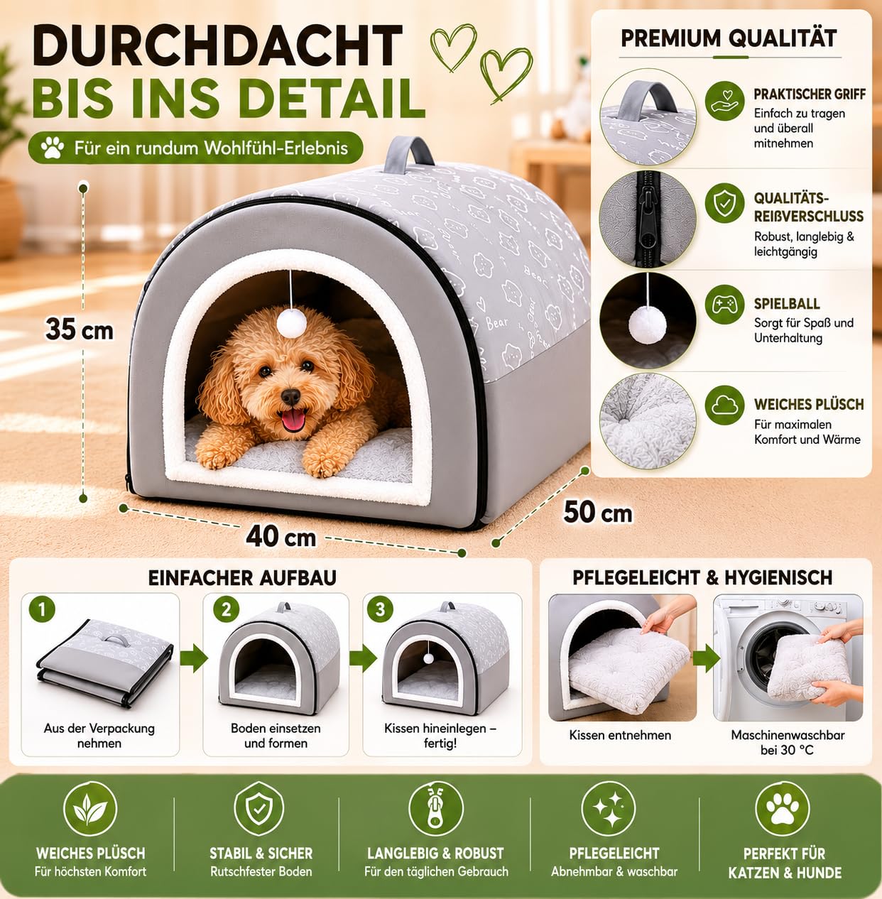 Hundehütte Hundehöhle Exklusives Haus Hund oder Katze | 2 Farben Komfortabel und Waschbar (Grau und Braub L)