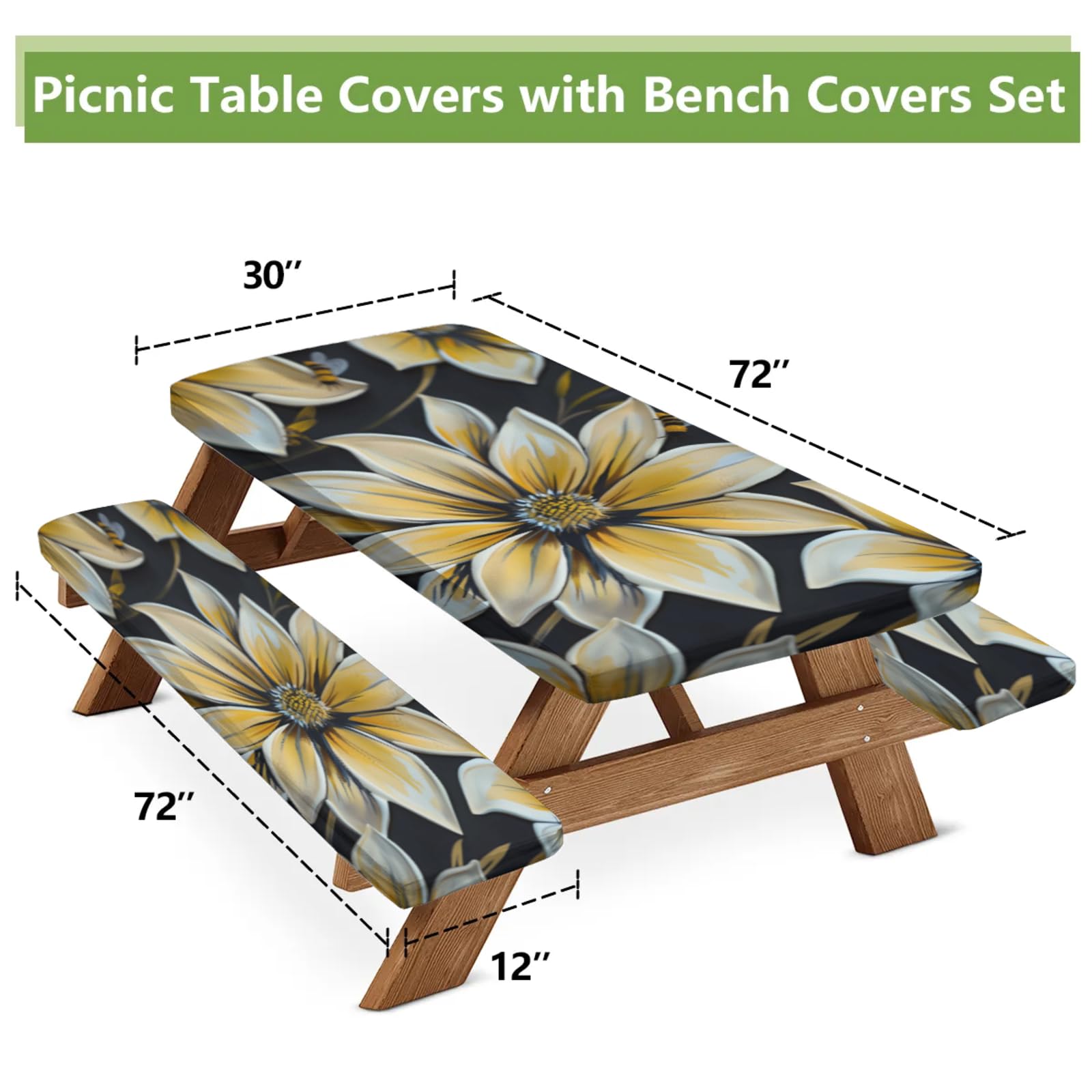 Tablerazzi Yellow and White Daisy Flower Picnic Table Cover with Bench Covers, Fitted Camping Tablecloth with Elastic Edges, Outdoor Waterproof Rectangle Table Cloth, 72x30 Inch 3 Pcs Set
