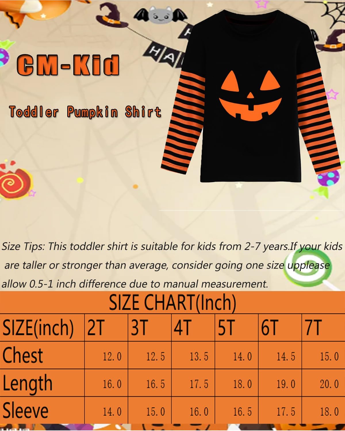 CM-Kid Halloween Shirt for Toddler Boy Girl Pumpkin Skeleton Ghost Dino Stripe Long Sleeve Tops for Kids 2-7 Years