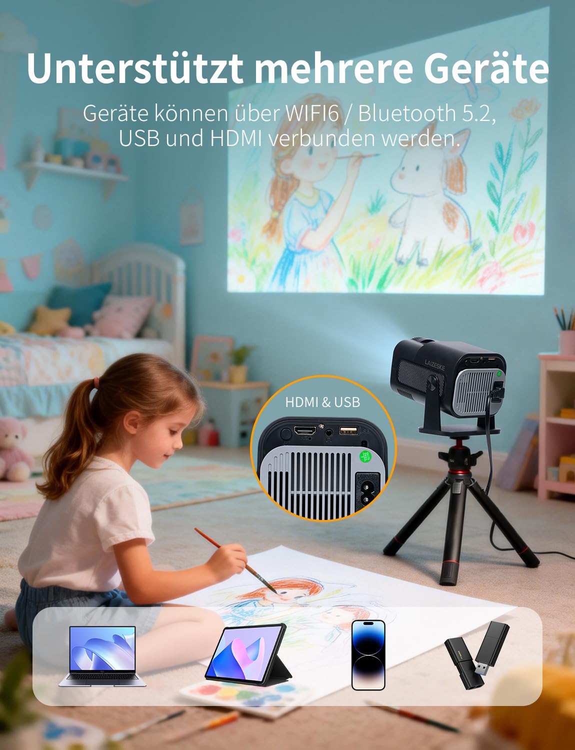 LAIZESKE HY520 Art Projektor zum Abpausen und Zeichnen,180° Drehbarer Smarter Zeichenprojektor für Künstler & Erwachsene,Unterstützt 4K,Auto-Keystone,WiFi 6 & BT 5.0,Projektion auf Leinwand & Wand