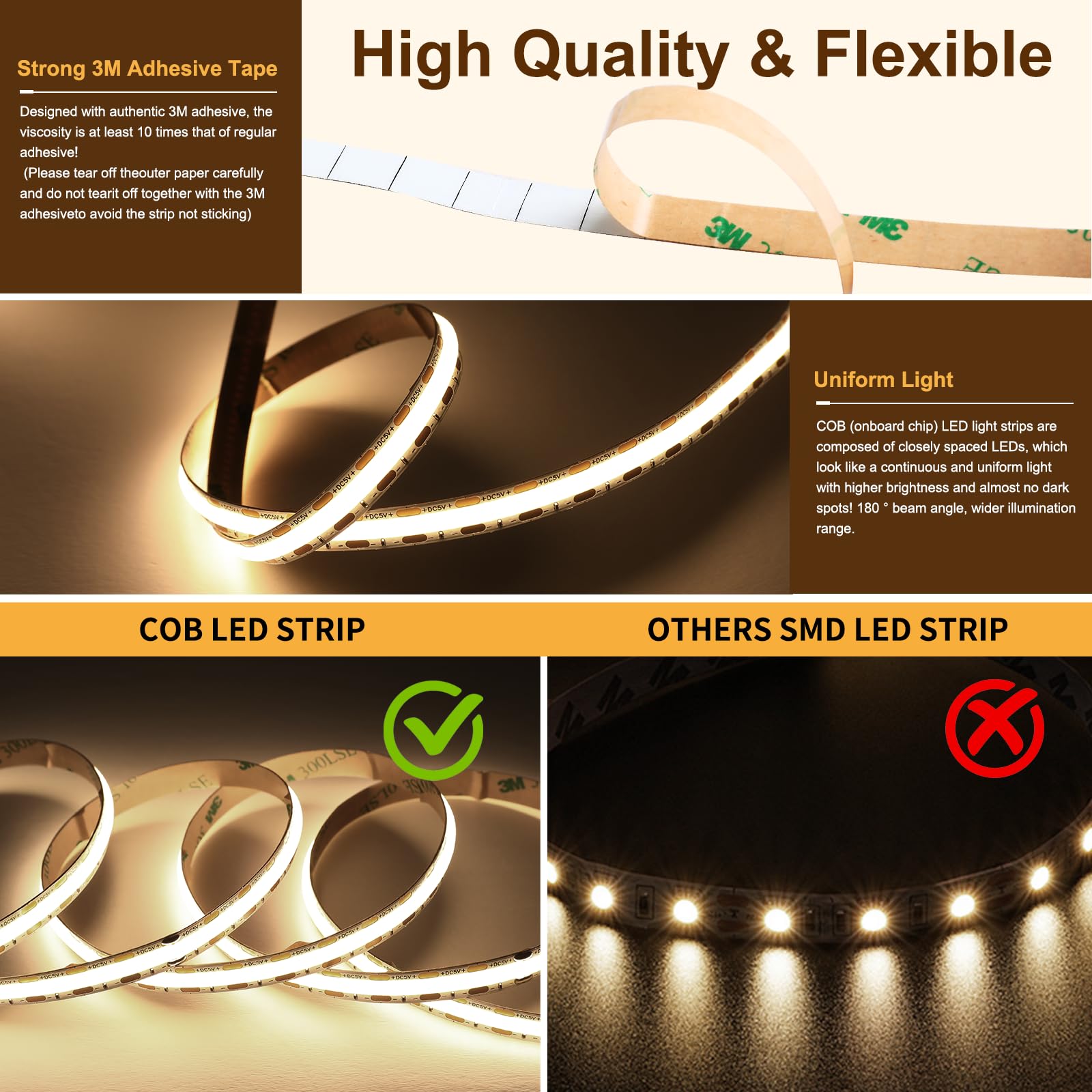 HCHEOG USB LED Light Strip 1.5M COB Led Strip Lights 5V Natural White 4000K 320LEDs/M CRI 90+ Flexible TV Led Lights USB Powered 1.5M for Display Cabinet,Home DIY Lighting Room Decor led Lights - Image 2