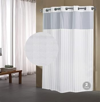 Shower Curtain with Snap in Liner 2 Packs 71x74 Inch Herringbone Pattern Fabric Water Resistant