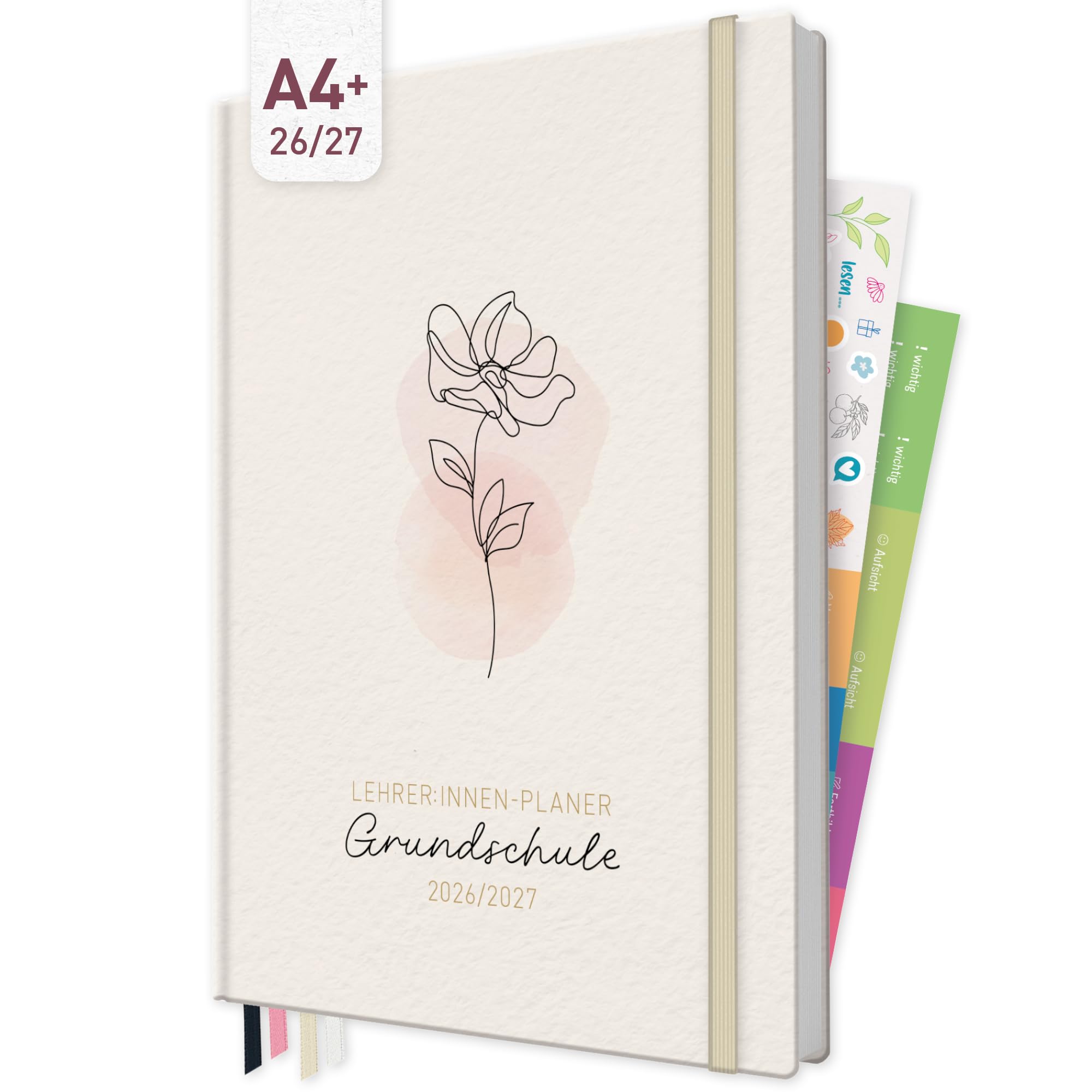 Häfft® Lehrerplaner Grundschule 2026/2027 im A4+ Format Hardcover - Schuljahr 12 Monate (Aug 26 - Jul 27) Lehrerkalender & Unterrichtsplaner für Klasse 1–4 "Soft Flower"