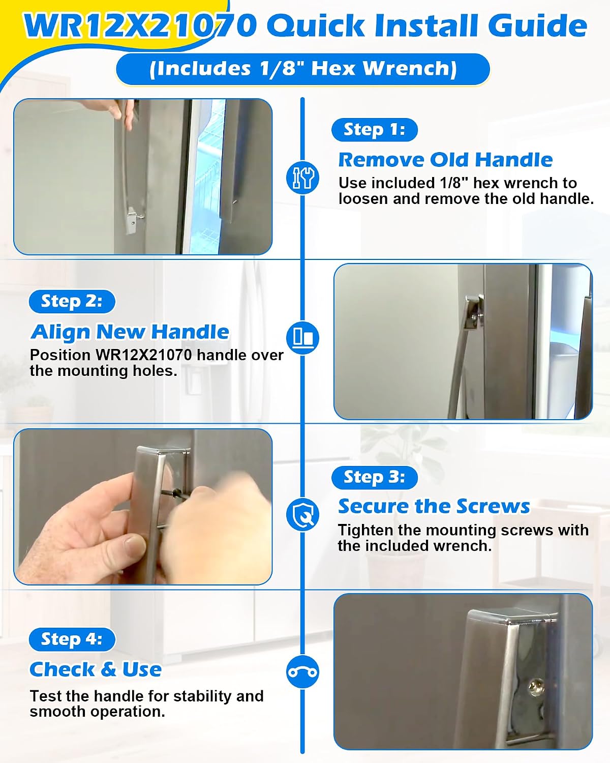WR12X21070 Upgraded Refrigerator Door Handle, Compatible with GE GZS23HSEBFSS GSE22ESHBSS PSE26KSEGESS, Replaces WR12X20441 WR01X11007, Stainless Steel Fridge Freezer Door Handle with Mounting Screws