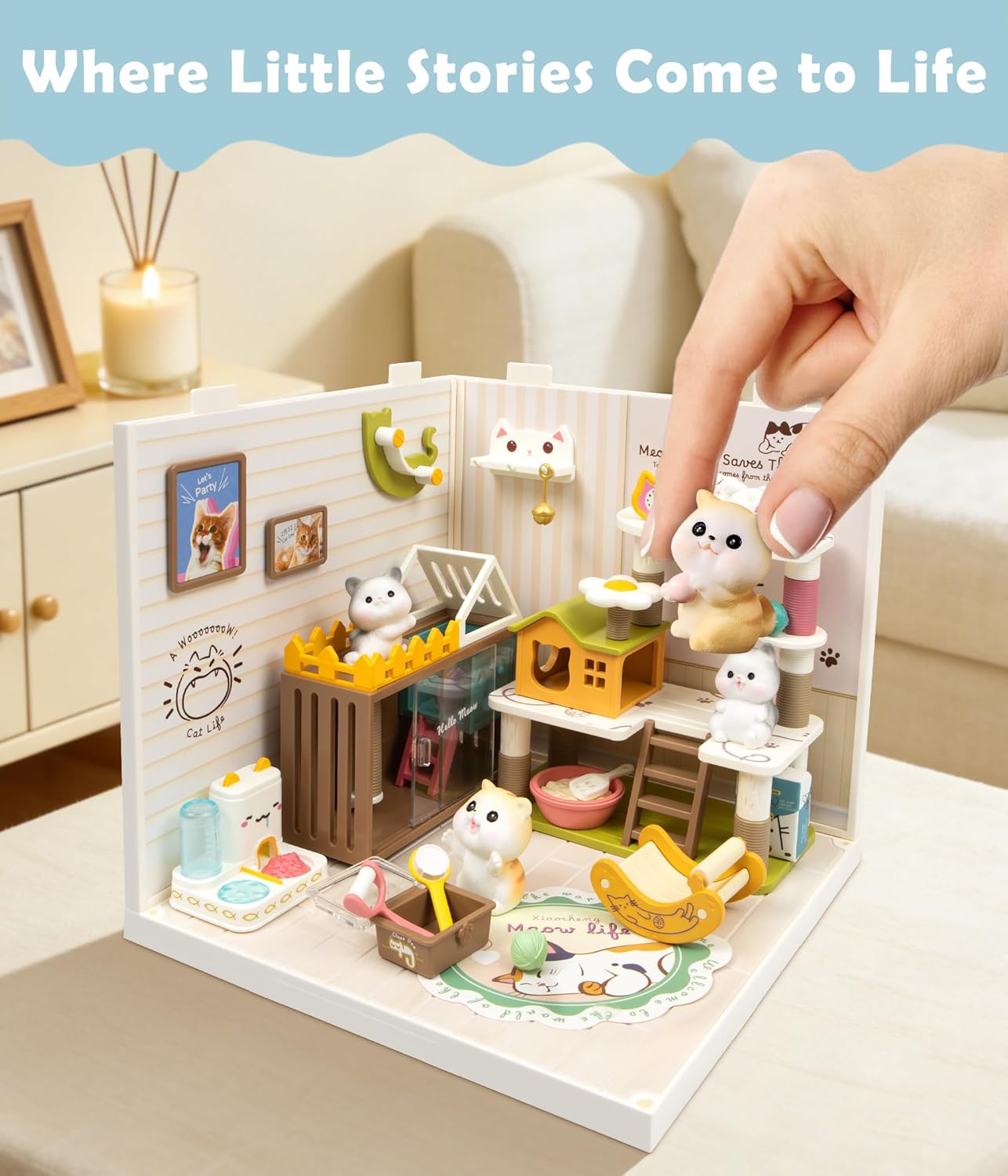 DIY Miniature Cat Pet Shop Dollhouse Kit with Dustproof Cover & Roof - Purrfect Tiny Animal Shelter Room with Led Lights - Creative Craft Set for Ages 14+
