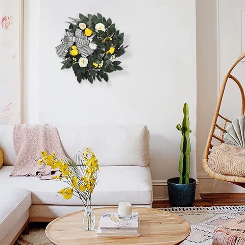 Miniatura 8 de Corona de limón amarillo de 20 pulgadas con rosas y lazo, corona de frutas de primavera y verano, corona de hojas verdes limón para puerta