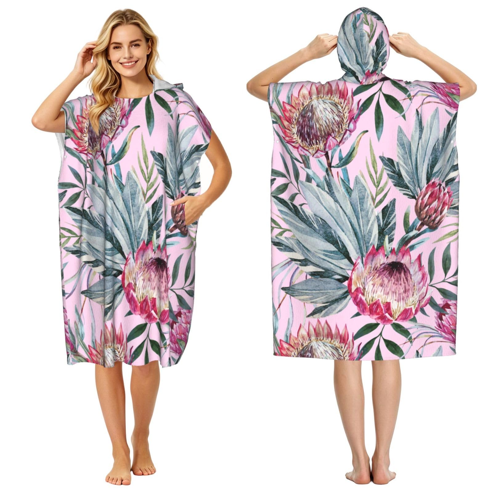 Poadnly Tropical Protea Pattern, Adult Hooded Beach Towel 90 x 110 cm,Changing Bath Robe, Surf Poncho Towel For Women Men