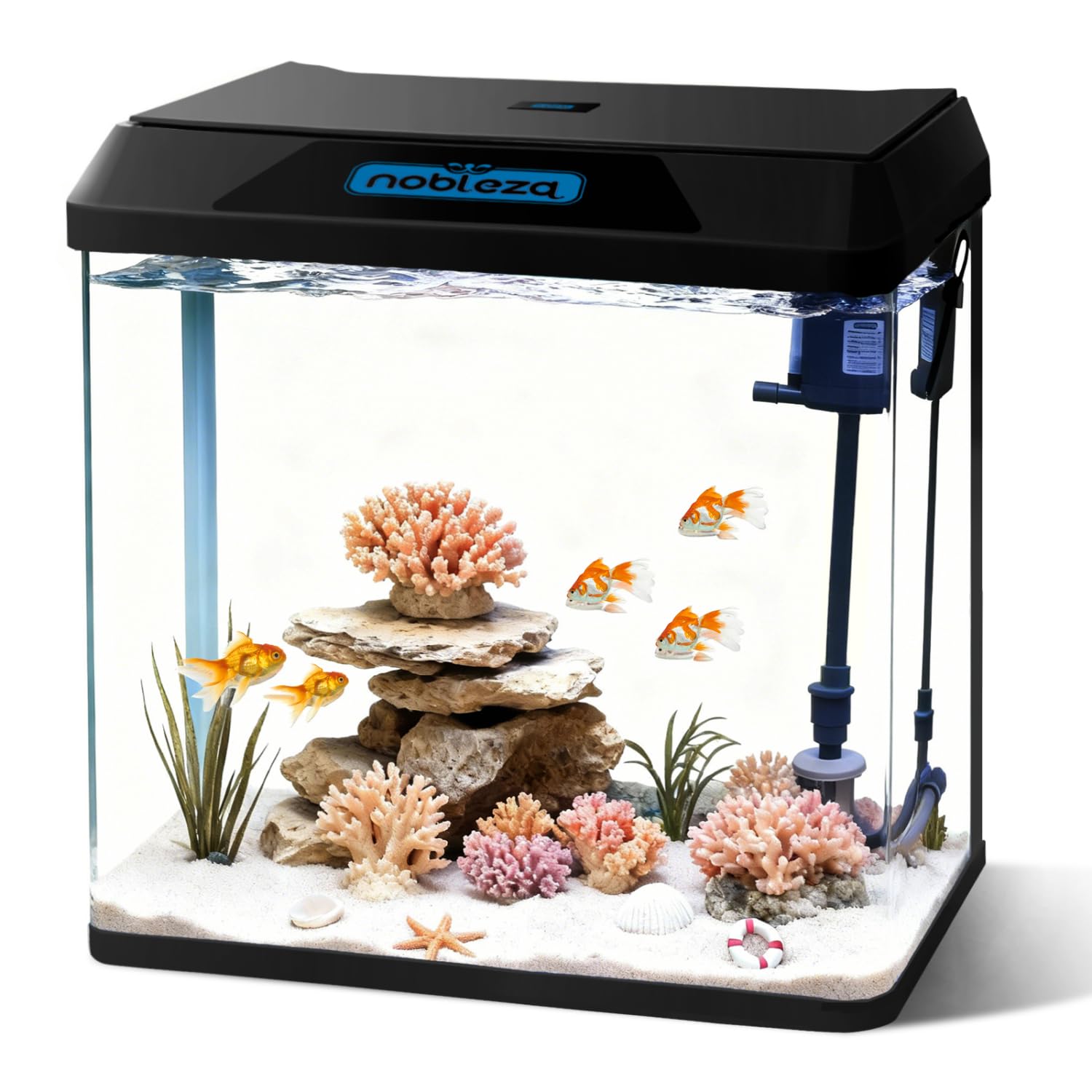 Nobleza - Acuario 30L con Filtro Integrado y Luz LED, Pecera de Cristal Completa para Peces, Acuario de Iniciación para Hogar y Oficina - Negro
