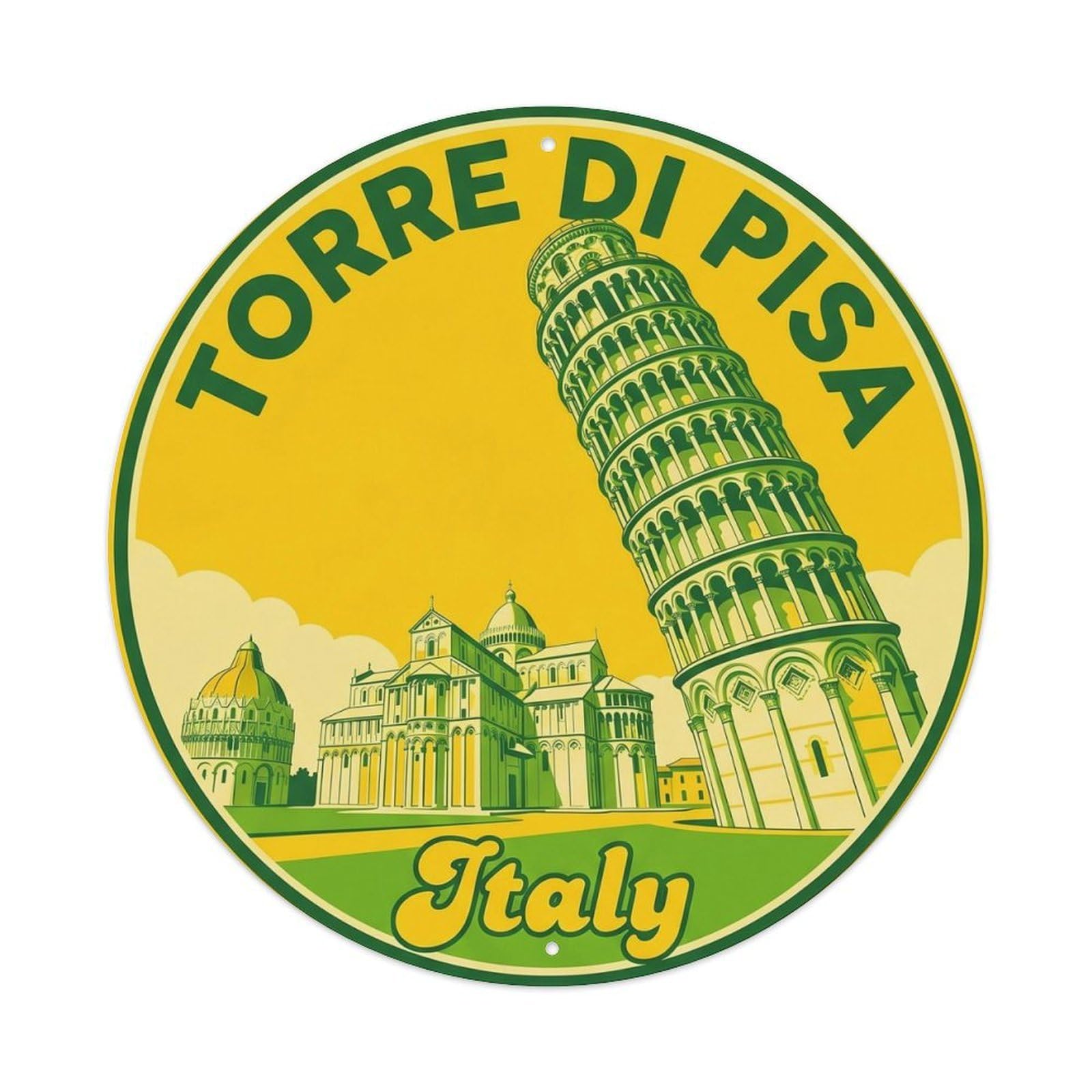 Vintage Travel Leaning Tower Italy Metal Tin Sign Plaque Wall Decor for Cafe, Club, Garden Round Metal Poster 8x8Inch