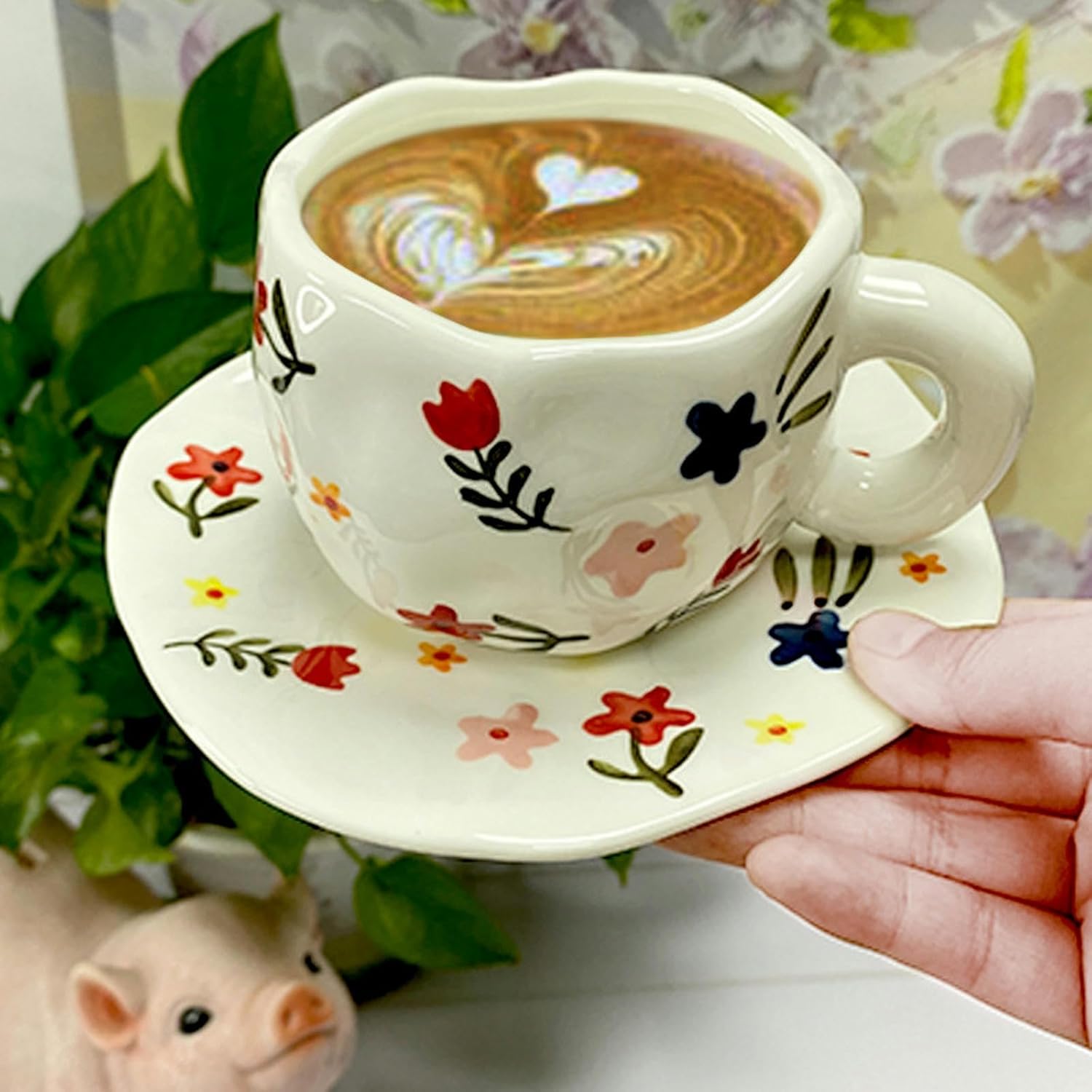 300ml/10oz Creative Personalized Ceramic Mug Cute Girl Coffee Cup Set-Hand held checkered cup and dish brown-201-300ml
