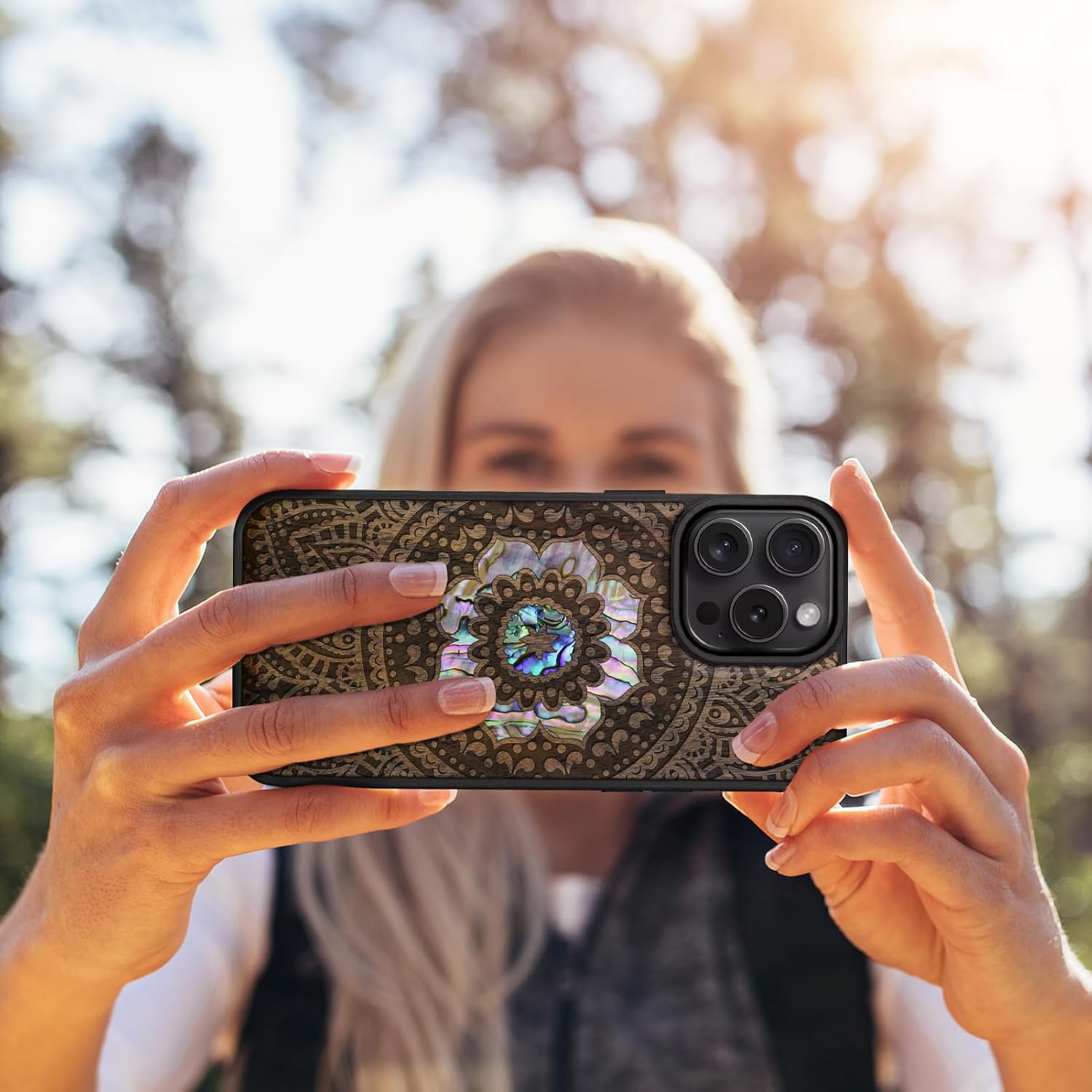 Carveit Magnetic Case for iPhone 16 Pro Max Case, Wood Artisan Engraved & Handmade Shell Inlaid, TPU Shockproof Cover, Compatible with MagSafe Wireless Chargers (Mandala Pattern) Walnut