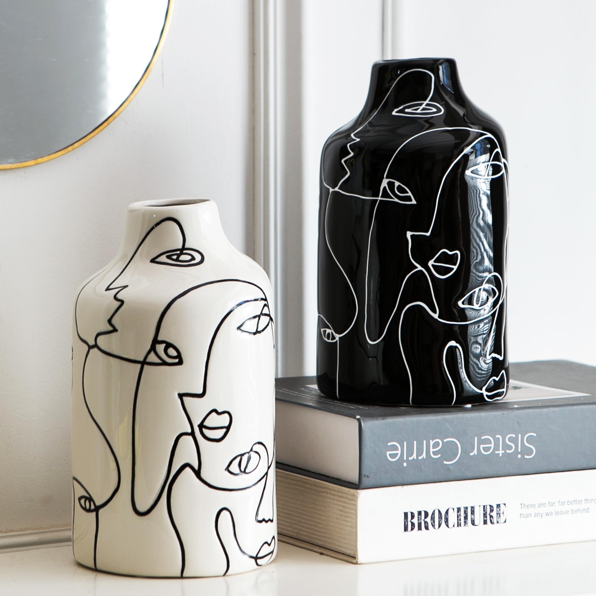 Kimdio Ceramic Vases Set 2 Pieces Black and White Flowers Irregular Design Abstract White Modern Home Decor Living Room Minimalist Decorative Vase for Pampas Grass