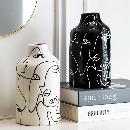 Kimdio Ceramic Vase Set, 2pcs Black and White Abstract Irregular Design Flower Vases, Modern Home Decor Living Room Decor Minimalist Decorative Vase for Pampas Grass