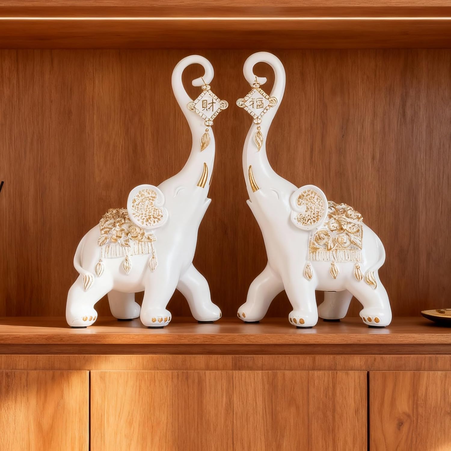 White Elephant Statues Home Decor, A Pair White Lucky Elephant Statue and Sculpture Decorativos para Sala, Elephant Gifts for Women - for Living Room Tv Stand, Entry Table Office Ornament